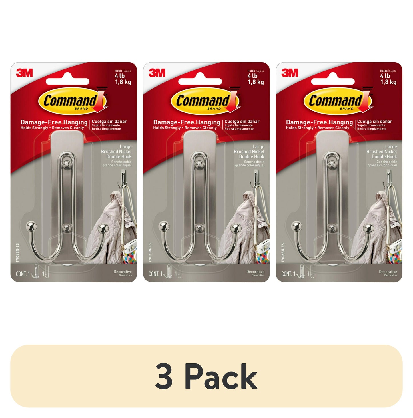 (3 pack) Command Large Double Wall Hooks, Brushed Nickel, Damage Free Decorating, 1 Hook