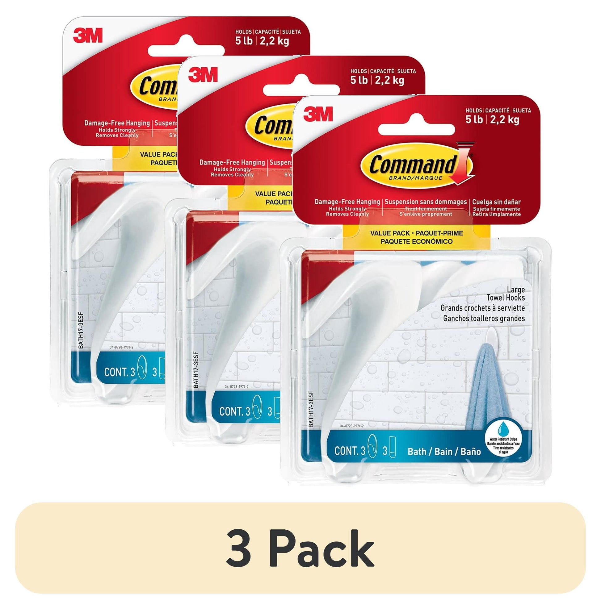 (3 pack) Command Large Towel Hooks Value Pack, Frosted, 3 Wall Hooks, Holds 5 lbs, Bathroom Organization