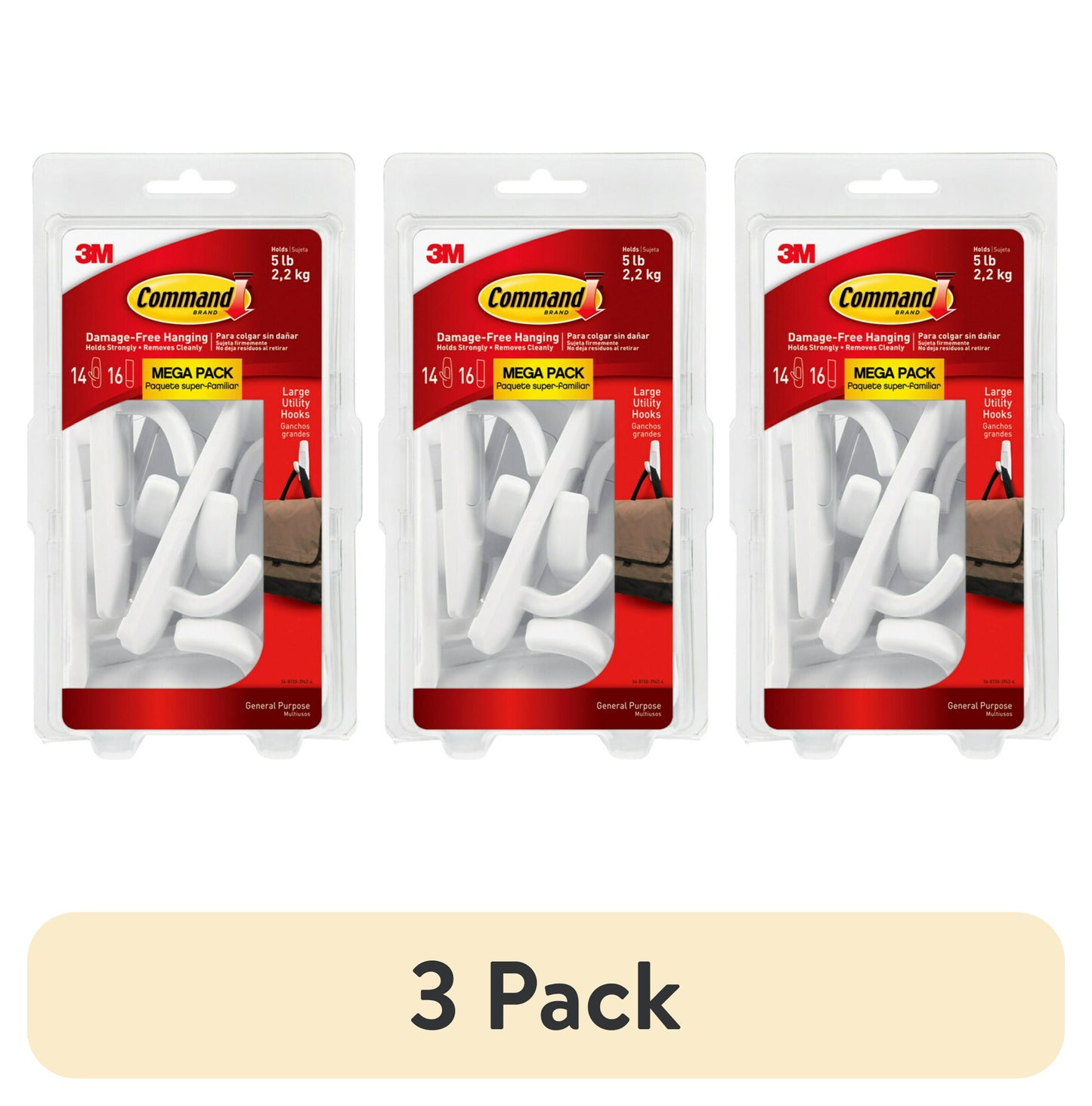 (3 pack) Command Large Utility Hooks, White, Damage Free Decorating, 14 Hooks and 16 Command Strips
