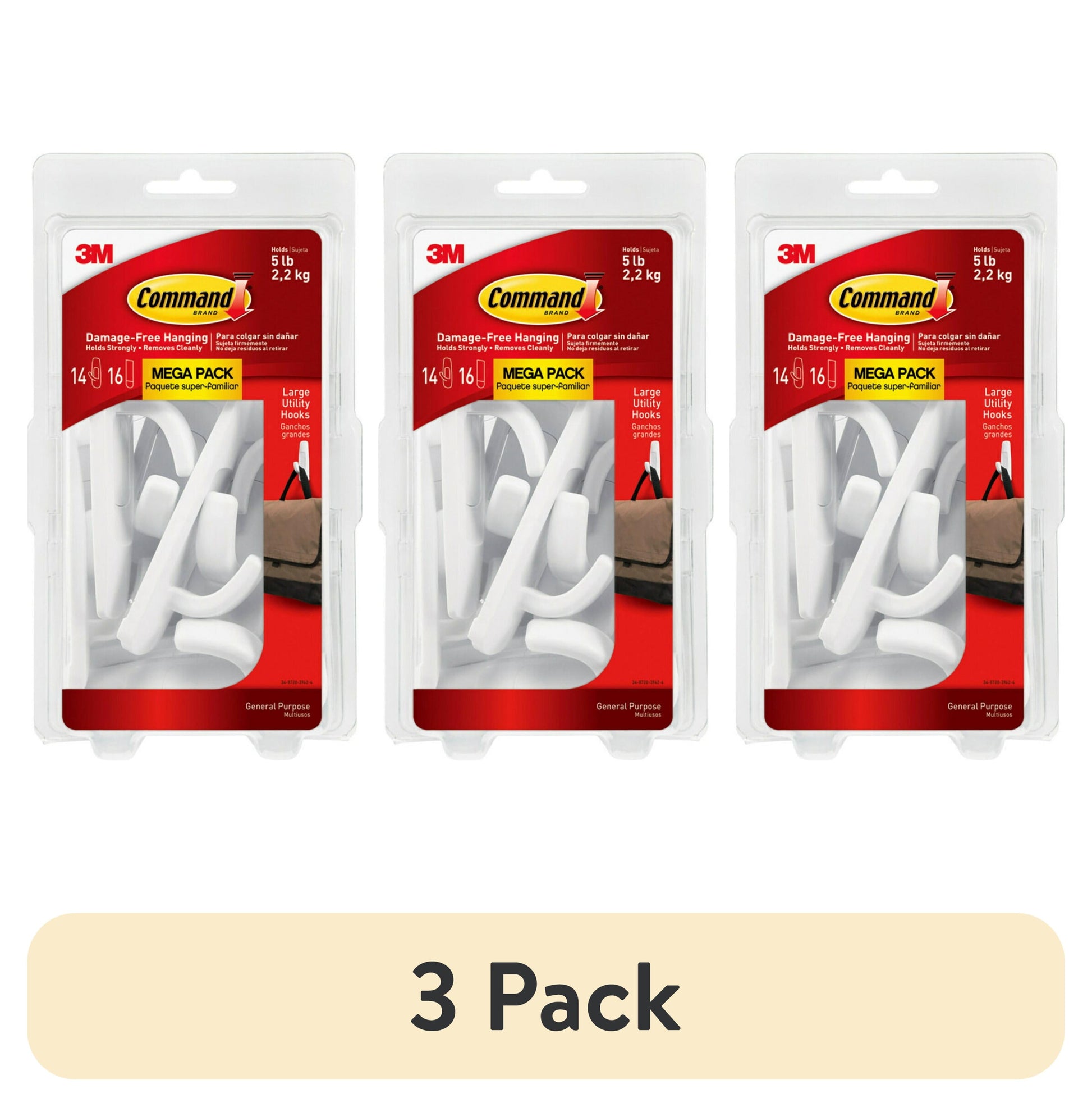 (3 pack) Command Large Utility Hooks, White, Damage Free Decorating, 14 Hooks and 16 Command Strips