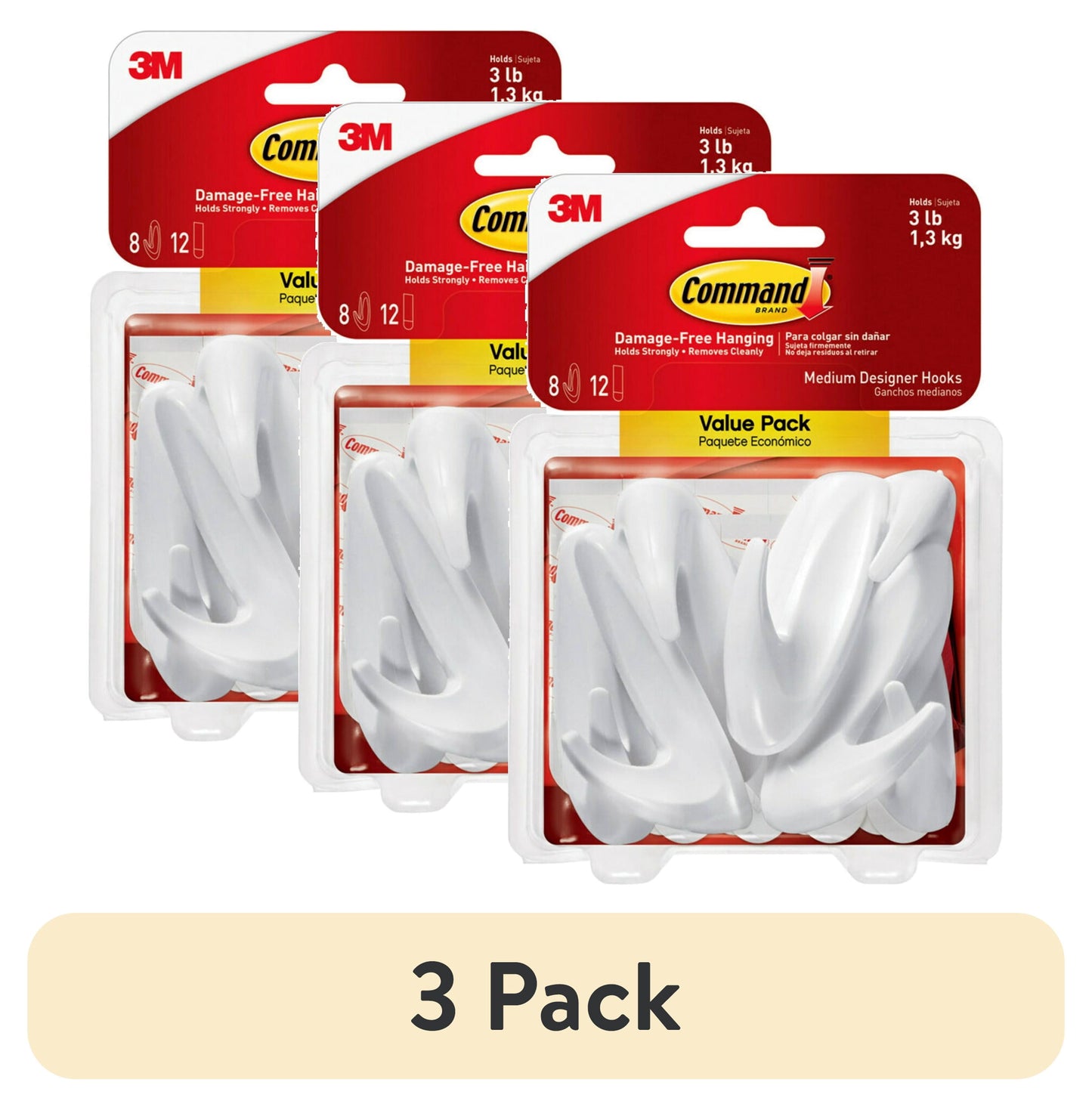 (3 pack) Command Medium Designer Hooks, White, 8 Wall Hooks, Damage-Free Hanging