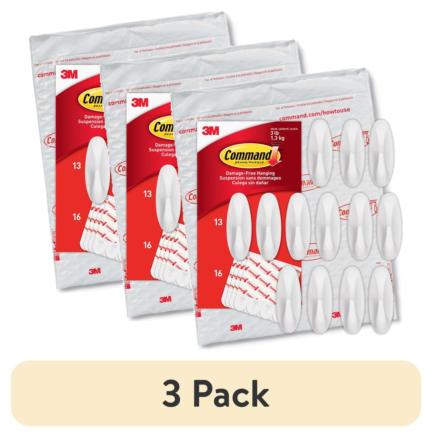 (3 pack) Command Medium Designer Wall Hooks, White, 13 Plastic Hooks