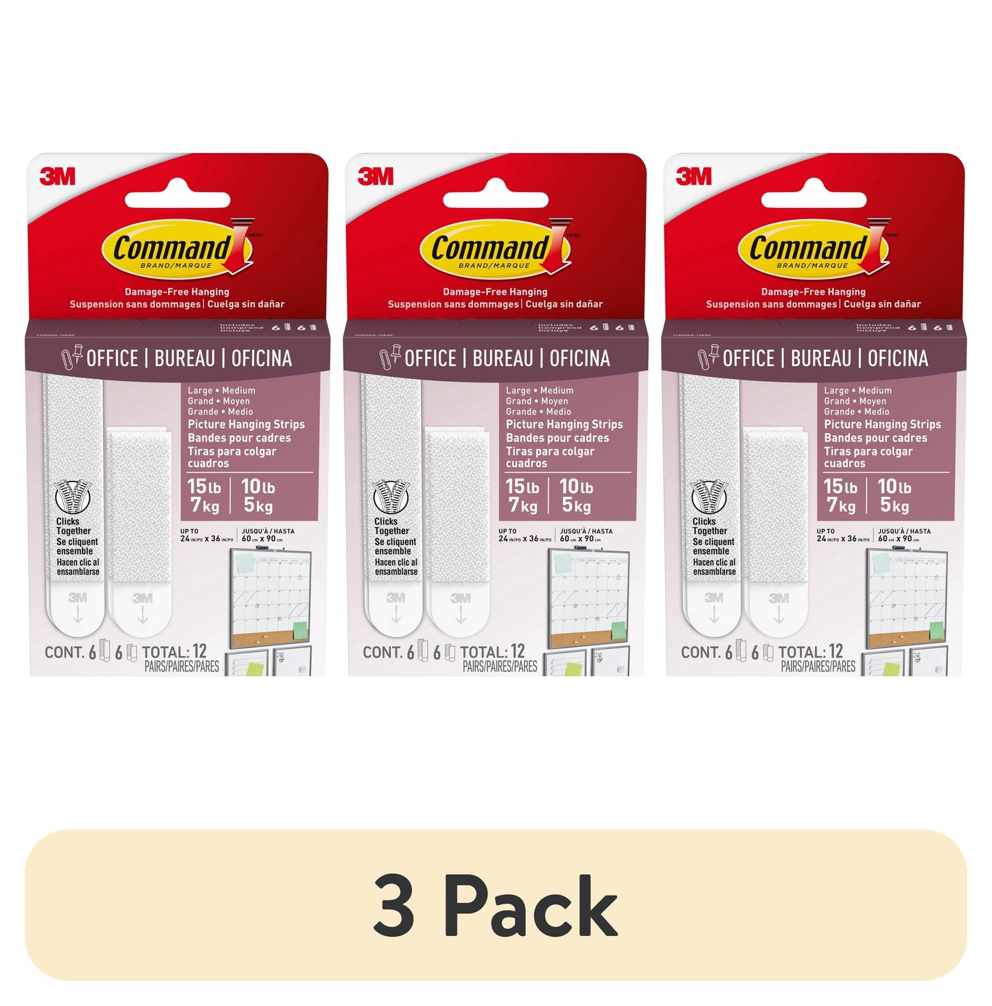 (3 pack) Command Medium and Large Picture Hangers, Holds 10 & 15 lbs, White, 6 Medium, 6 Pairs Large Adhesive Strips