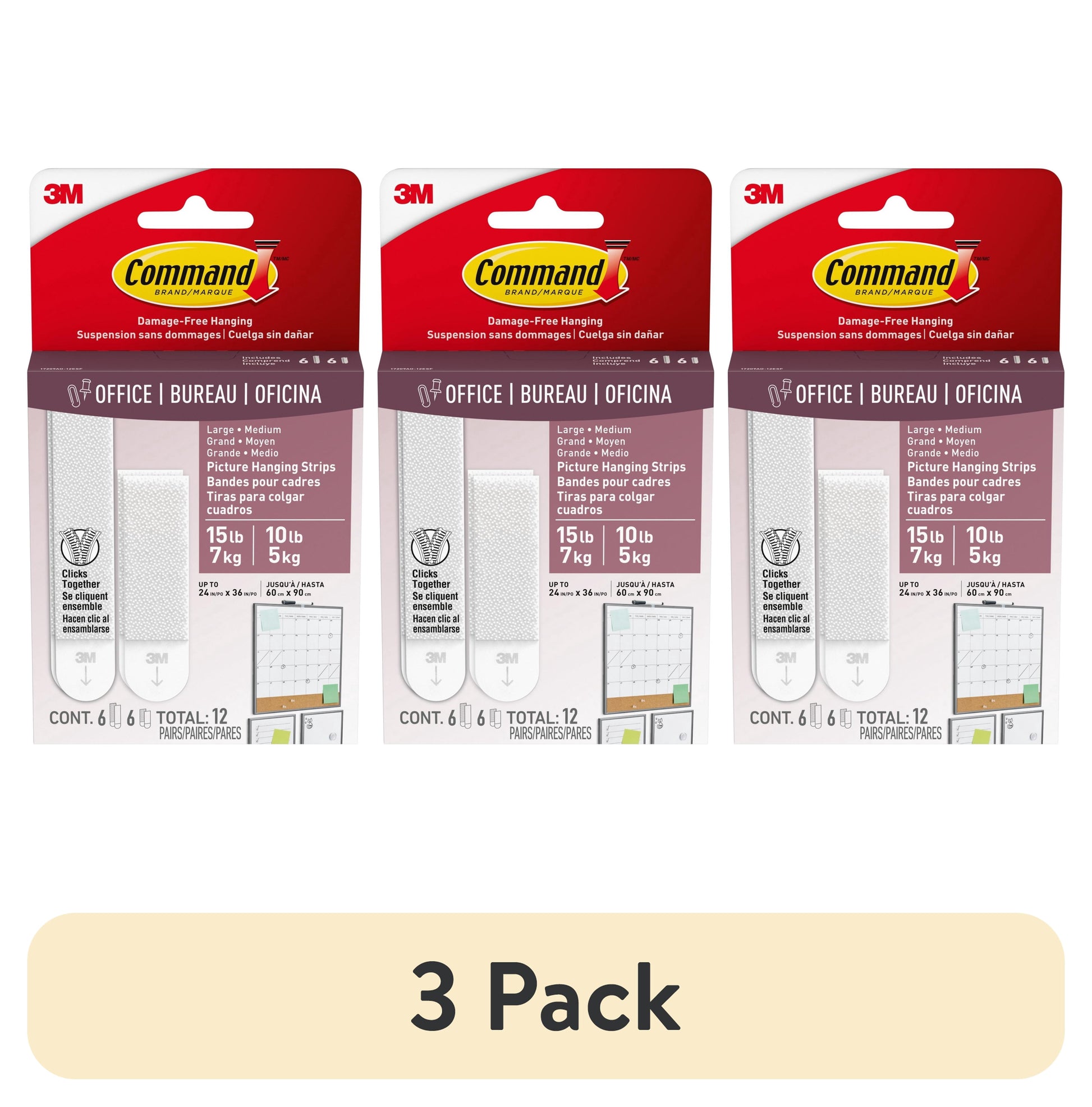 (3 pack) Command Medium and Large Picture Hangers, Holds 10 & 15 lbs, White, 6 Medium, 6 Pairs Large Adhesive Strips