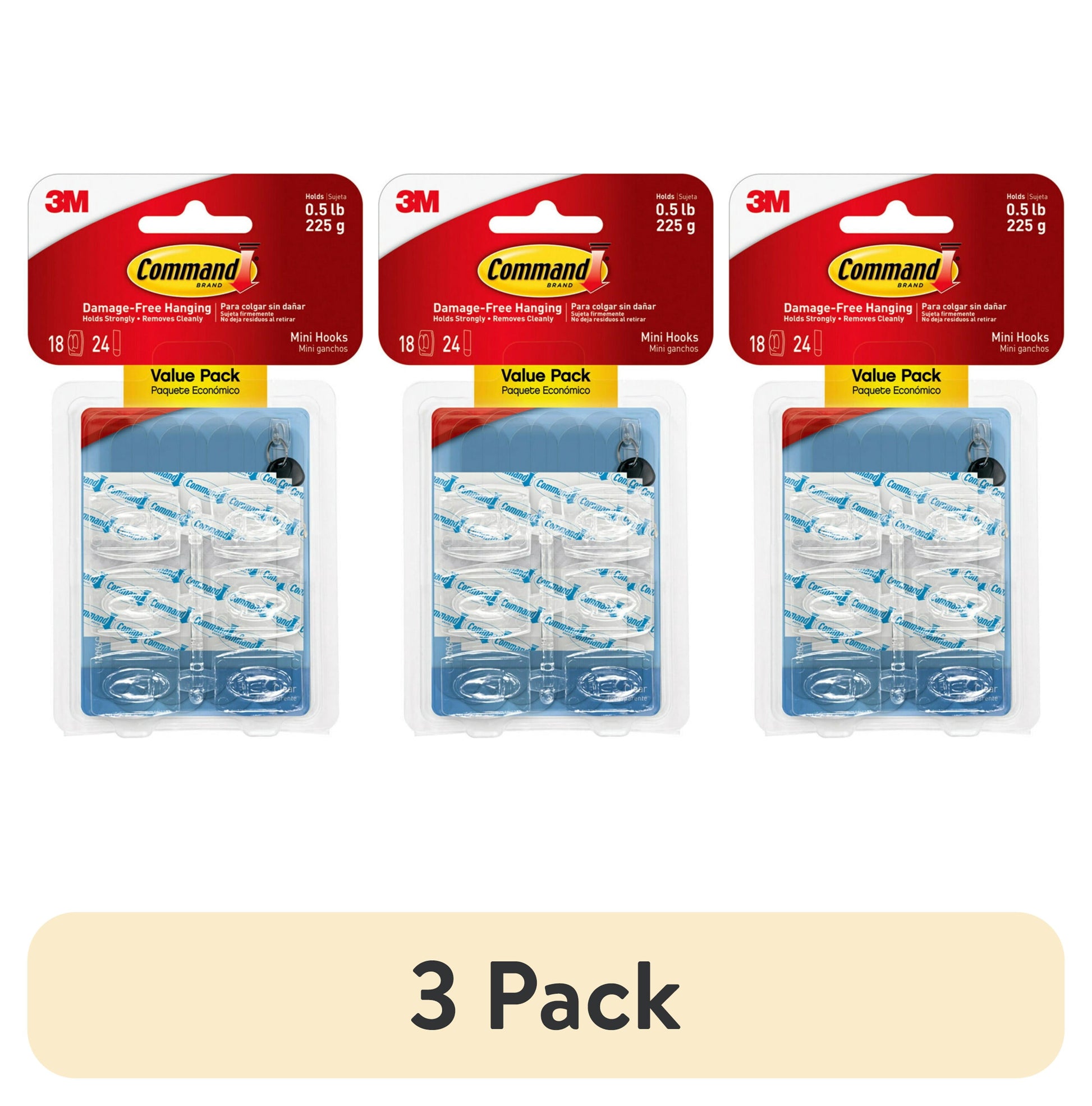 (3 pack) Command Mini Wall Hooks, Clear, Damage Free Decorating, 18 Hooks and 24 Command Strips