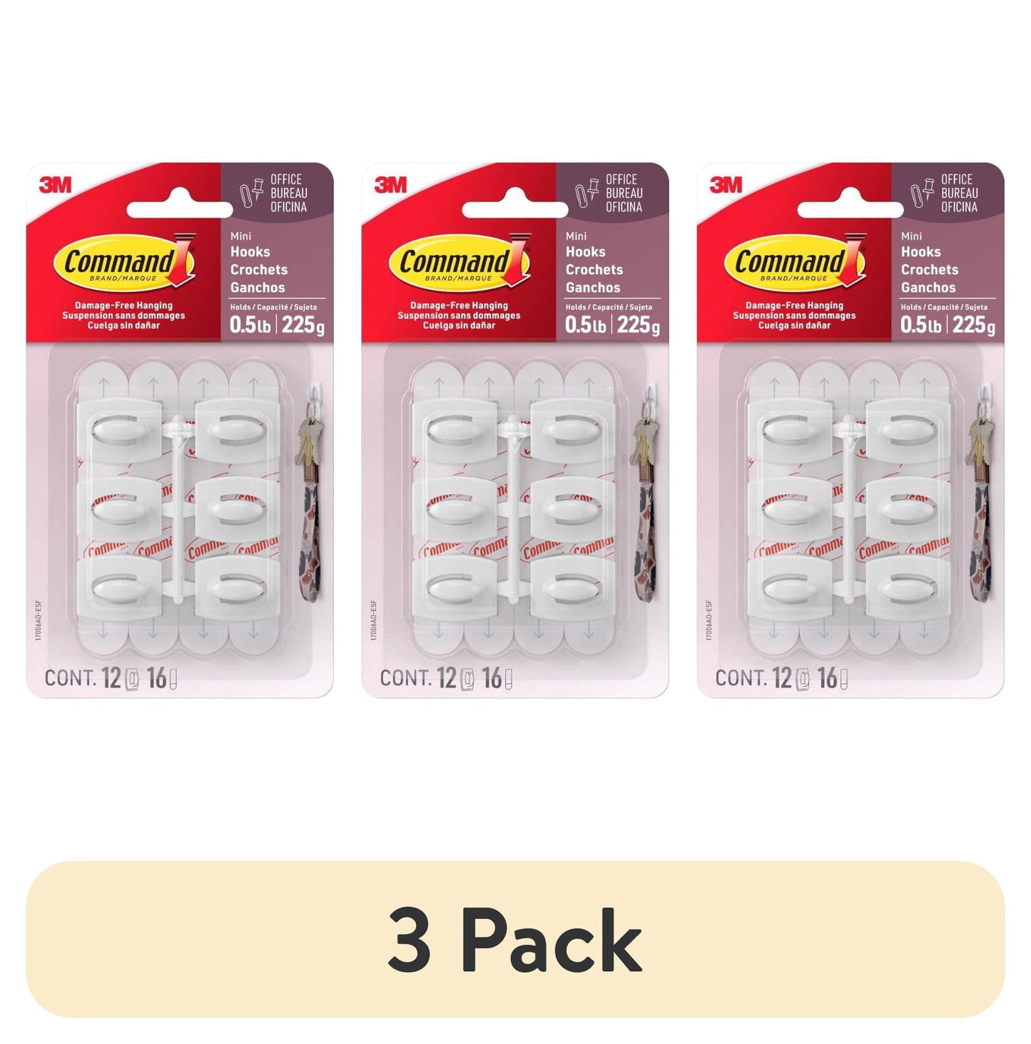 (3 pack) Command Mini Wall Hooks, White, Damage Free Decorating, Twelve Hooks and Sixteen Command Strips