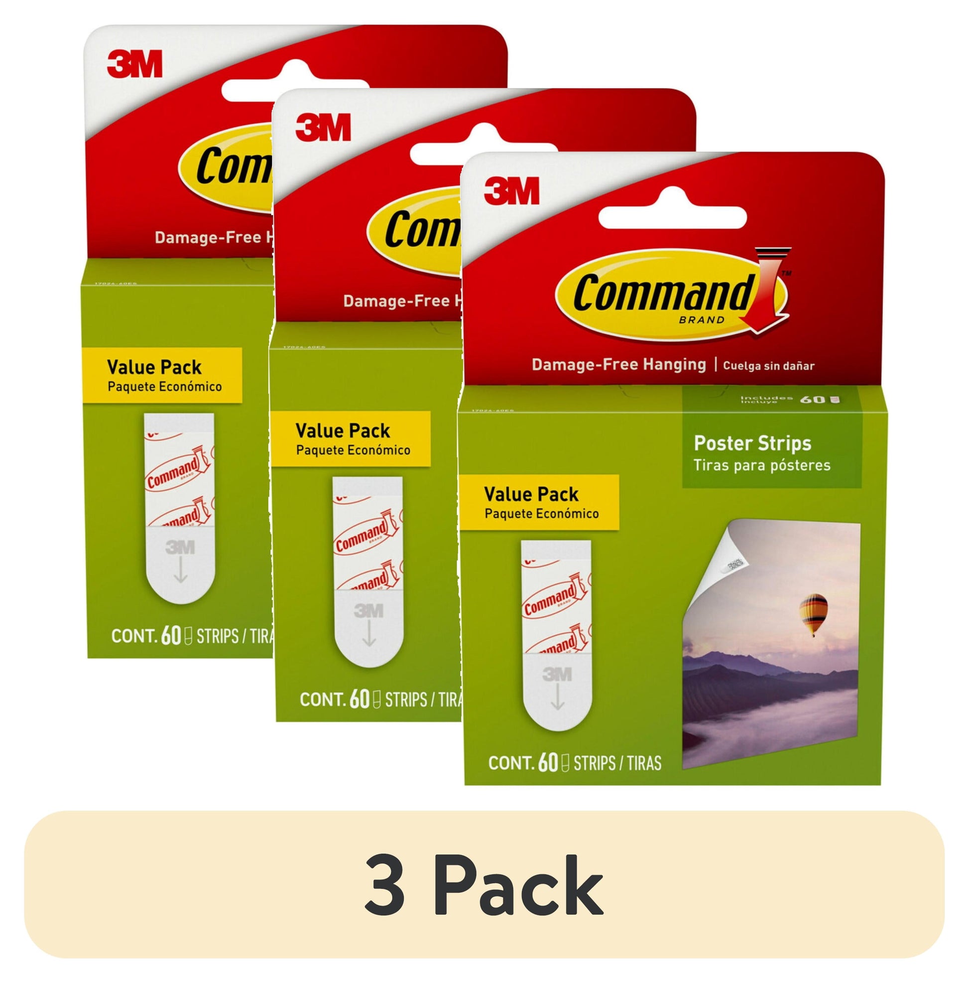 (3 pack) Command Poster Strips, White, Damage-Free Hanging Poster Hangers, 60 Command Strips