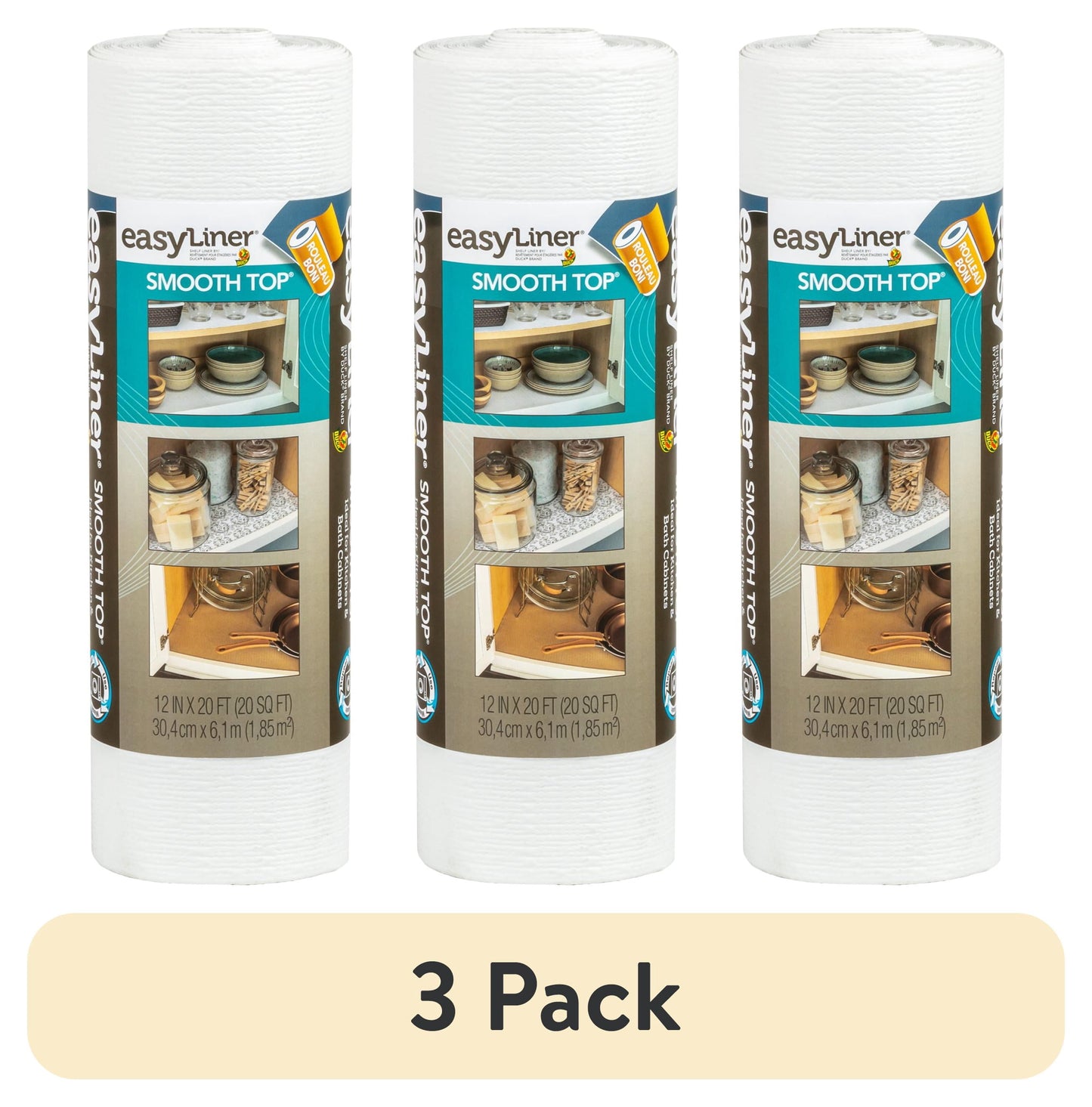 (3 pack) EasyLiner Smooth Top Shelf Liner, White, 12 in. x 20 ft. Roll