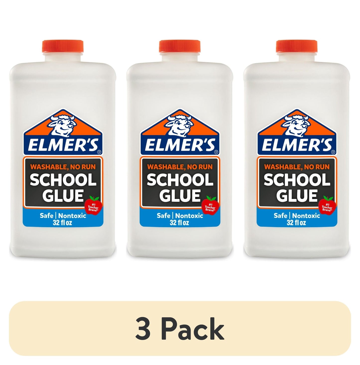 (3 pack) Elmer's Liquid School Glue, White, Washable, Great for Making Slime, 1-Quart (32 oz.), Dry time 5 min.