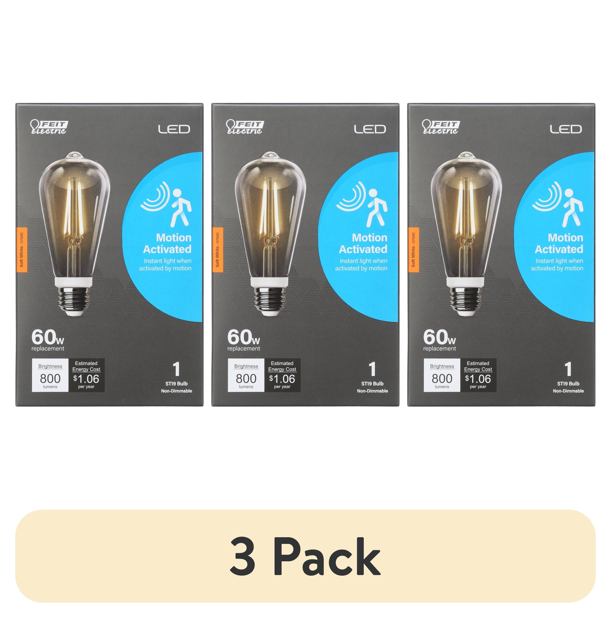 (1 pack) Feit Electric LED 8.8W (60W Equivalent) Soft White, Motion Sensor, ST19, Medium E26 Base, Non-Dimmable Light Bulb 1Pk