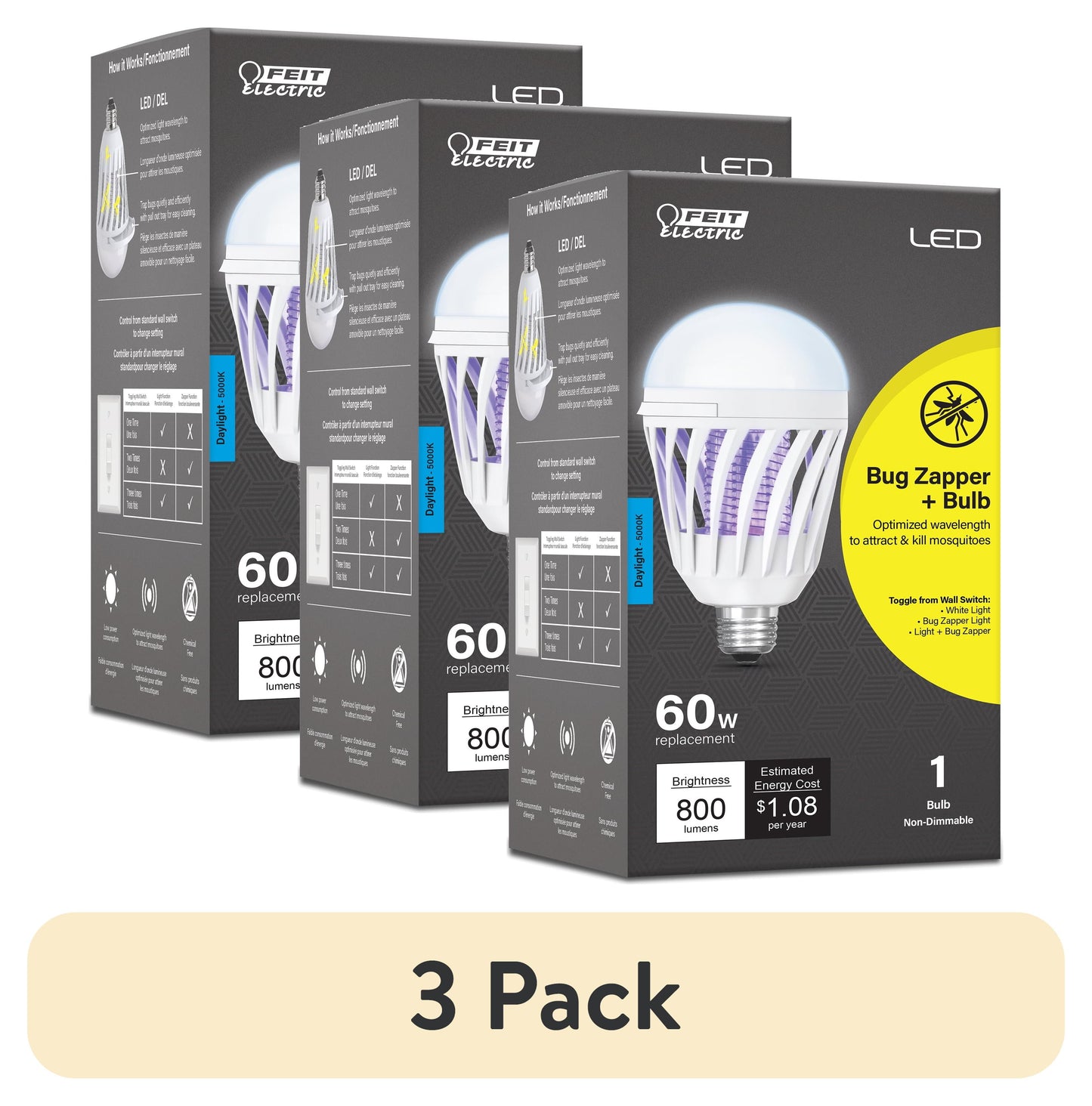 (3 pack) Feit Electric LED 9W (60W Eq.) Daylight (5000K), Bug Zapper Bulb, Cylinder Shape, Medium E26 Base, Non-Dimmable