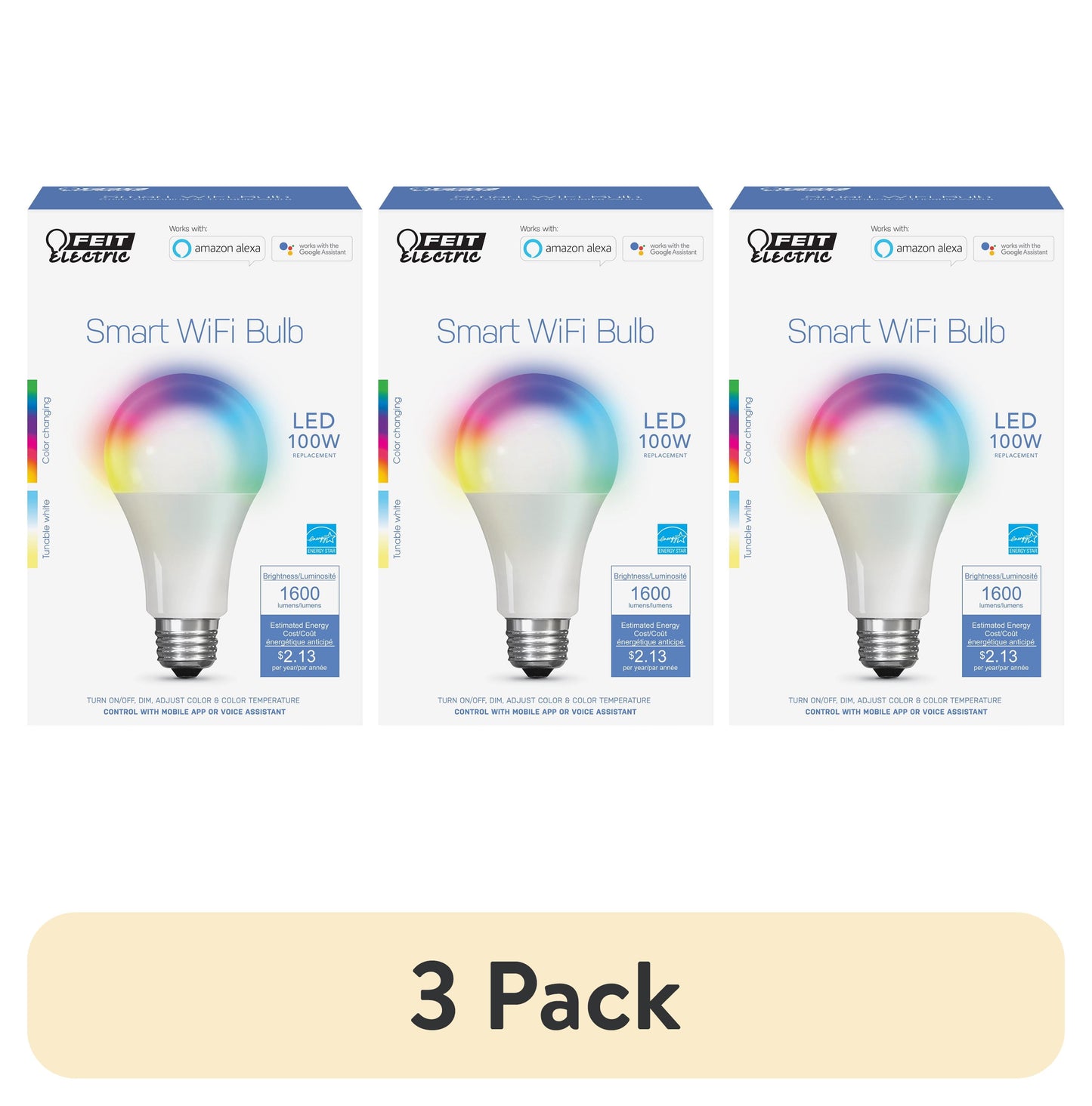(3 pack) Feit Electric Smart LED 17.7 Watts (100 Watt Eq.) Color Changing/Tunable White Bulb, A21, E26, Dim
