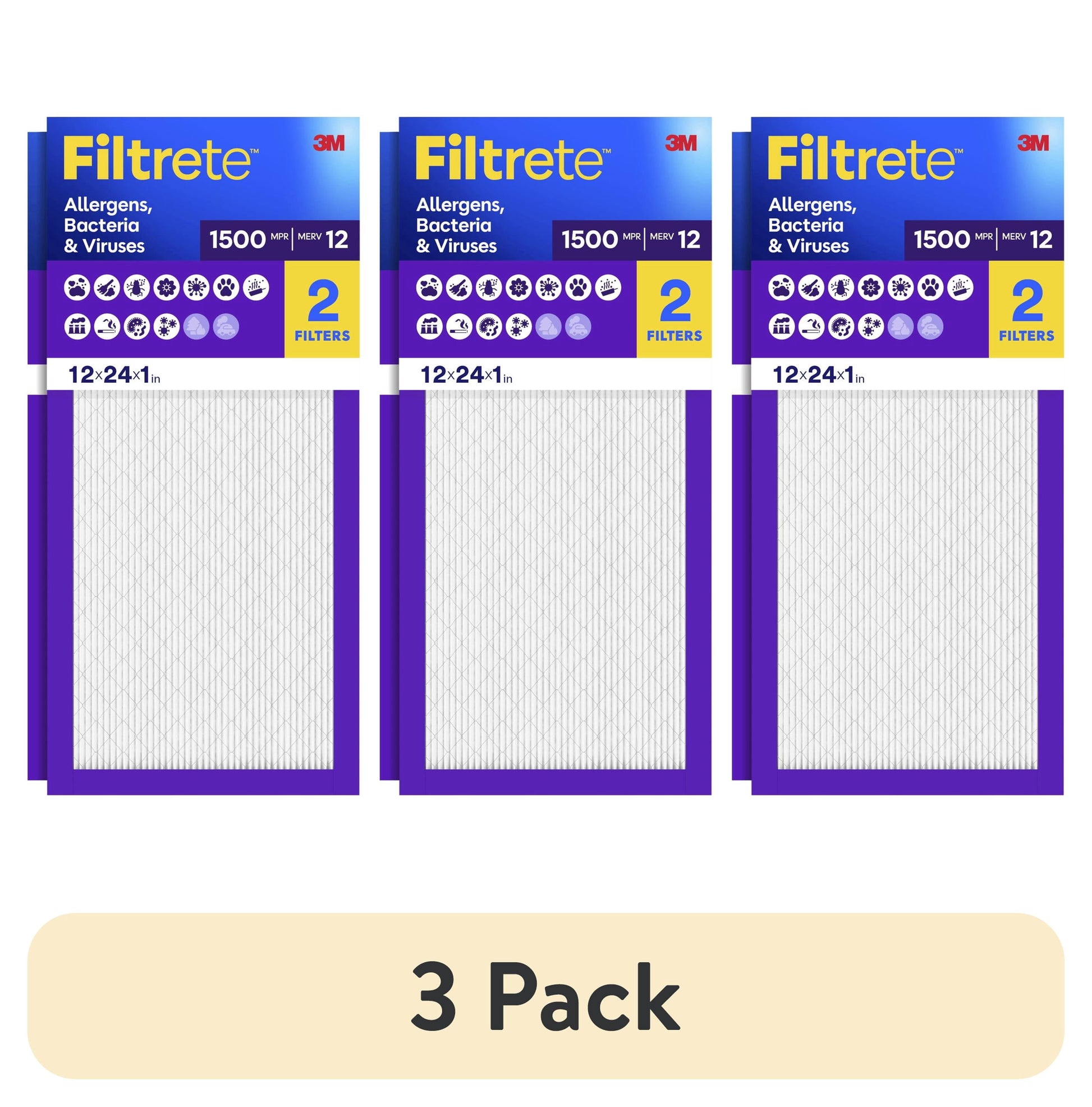 (3 pack) Filtrete 12x24x1 HVAC Furnace Air Filter, MPR 1500 MERV 12, Allergens, Bacteria & Viruses, 2 Pack