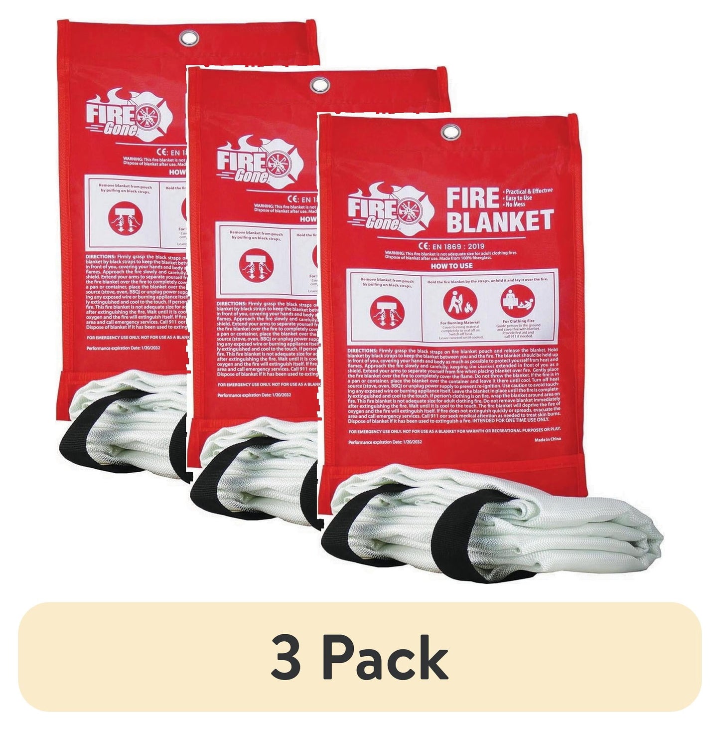 (3 pack) Fire Gone Premium Emergency Fire Blanket - Safety for Kitchen, Home & BBQ -Made from 100% Flame Resistant Fiberglass -1 pack - 39.3" x 39.3"