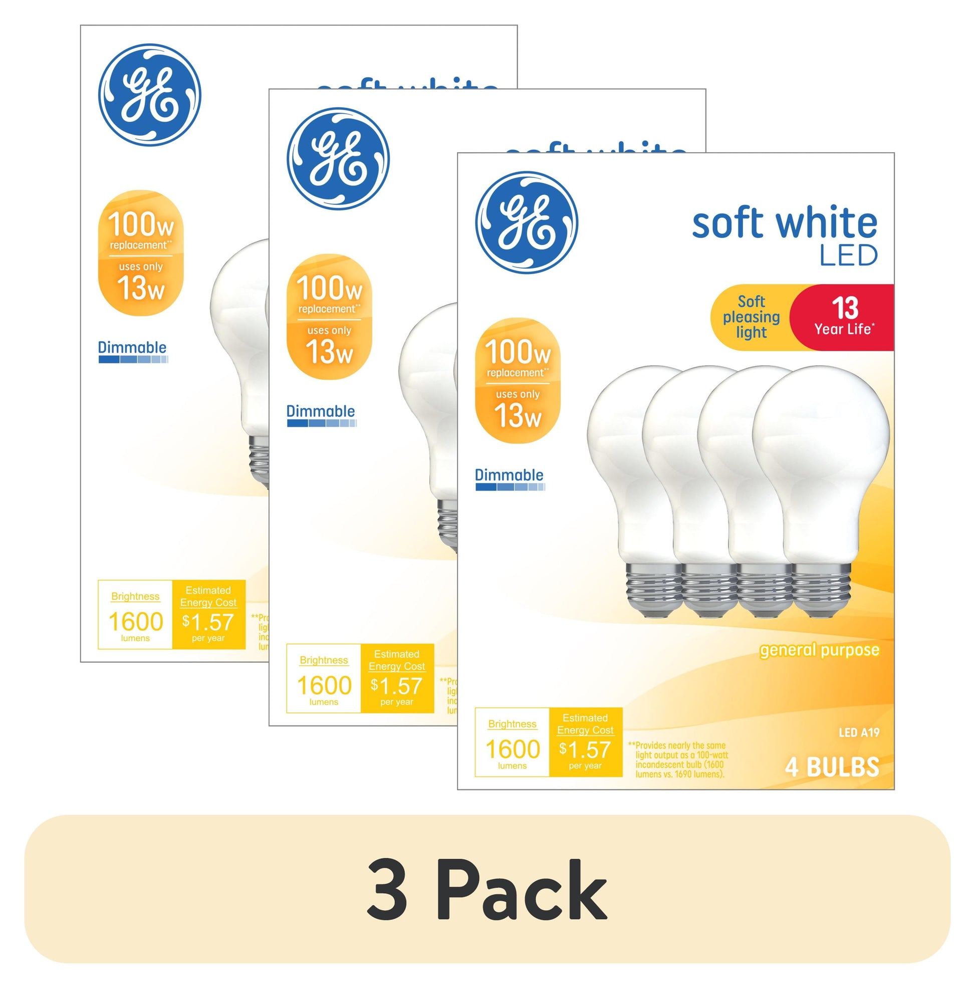 (3 pack) GE LED Light Bulbs, 100 Watt, Soft White, A19 Bulbs, Medium Base, Frosted Finish, 13yr, 4pk