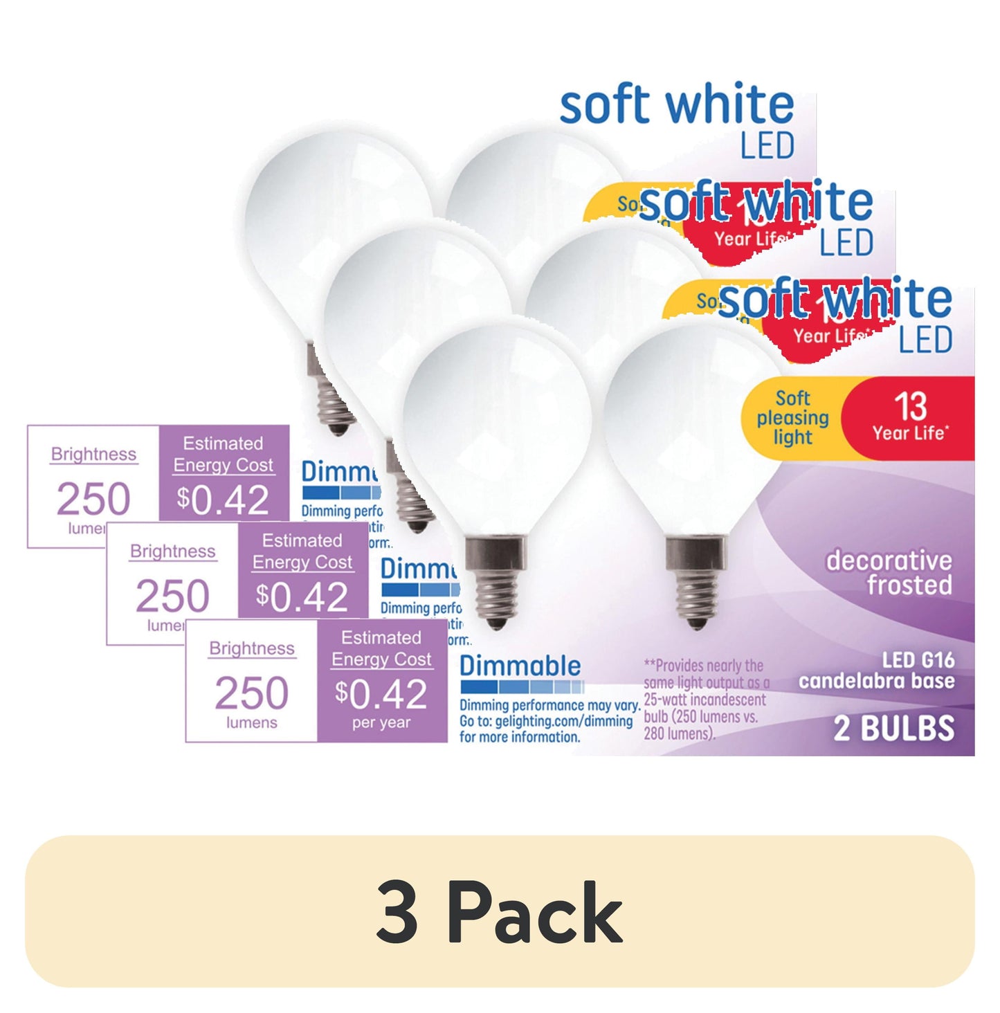 (3 pack) GE LED Light Bulbs, 25 Watt, Soft White, G16 Globe Bulbs, Small Base, 13yr, 2pk