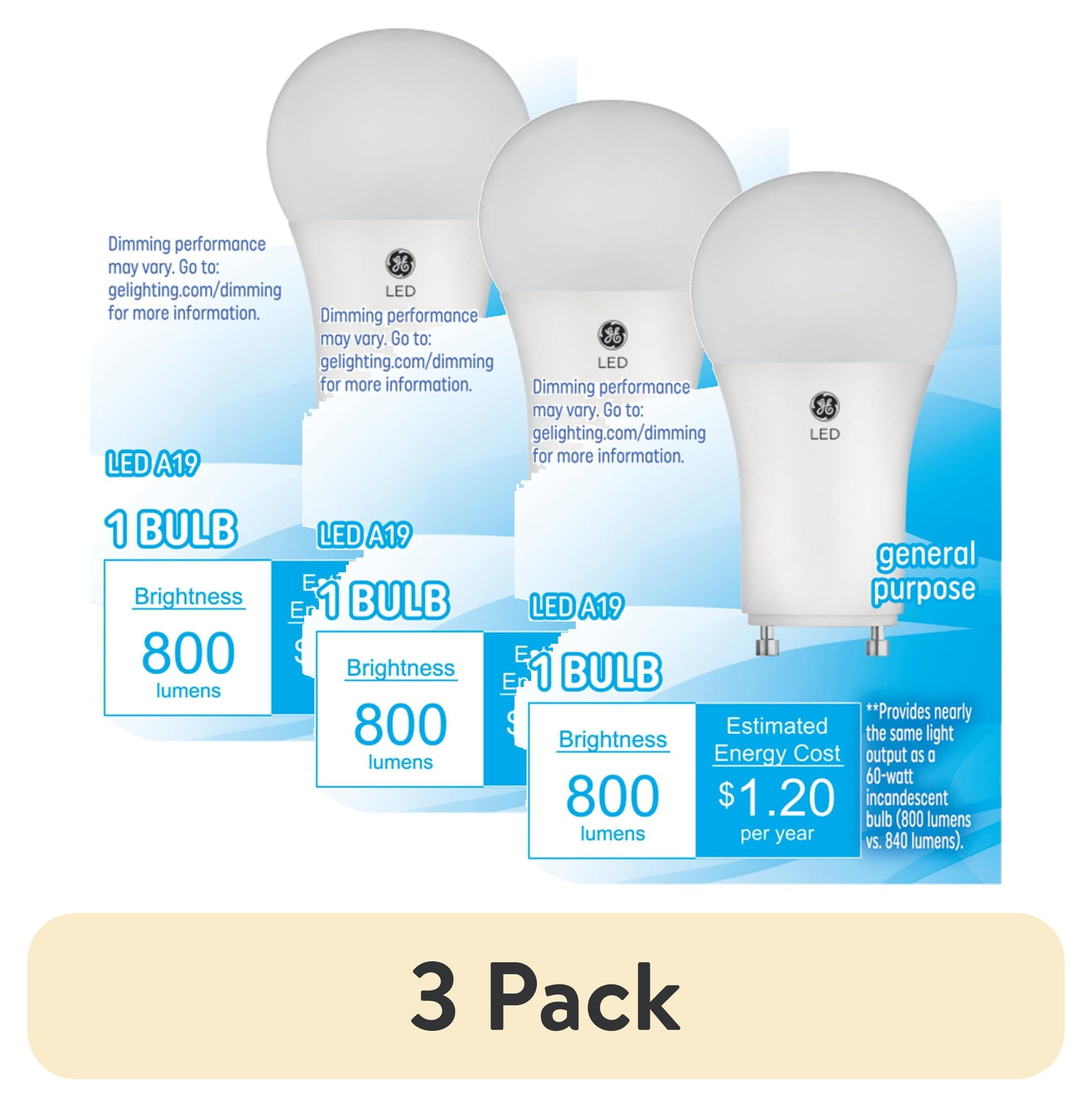 (3 pack) GE LED Light Bulbs, 60 Watt, Soft White, A19 Bulb, Medium Base, 13yr