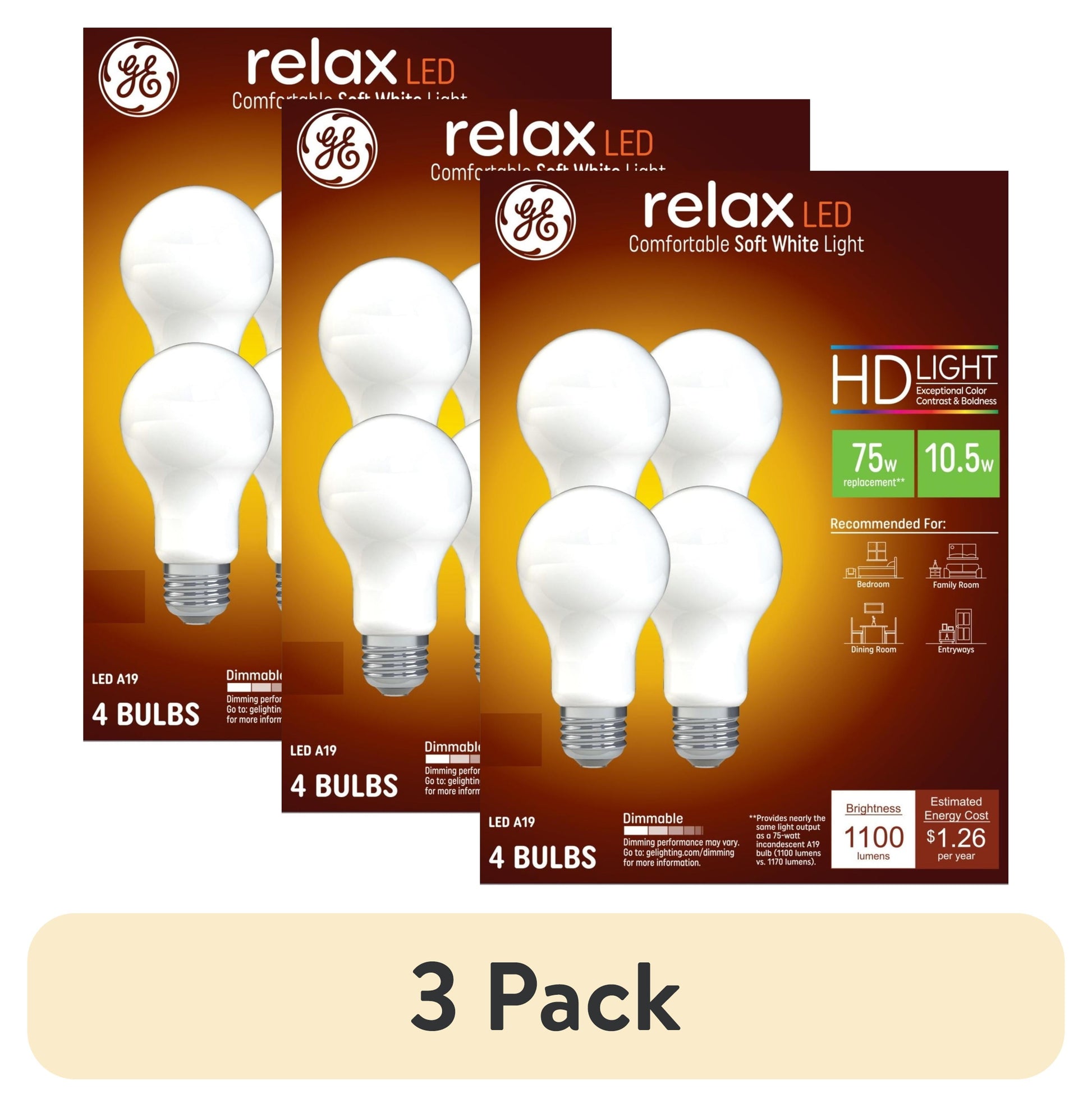 (3 pack) GE Relax HD LED Light Bulbs, 75 Watt, Soft White, A19 Bulbs, 4pk