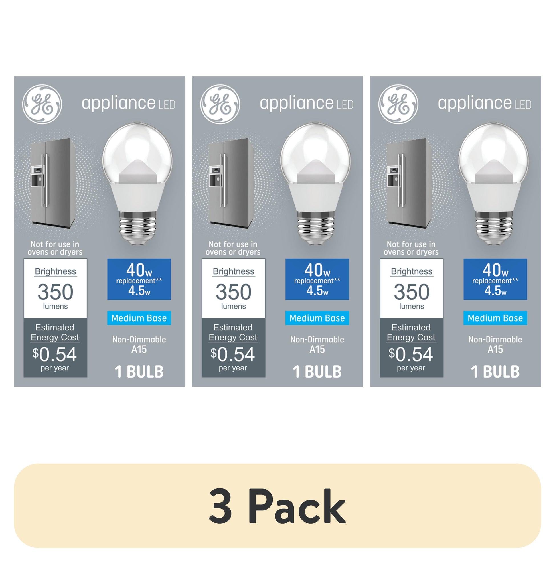 (3 pack) GE Specialty LED Light Bulb, 40 Watts, Daylight, A15 Appliance Bulb, Medium Base, Clear Finish