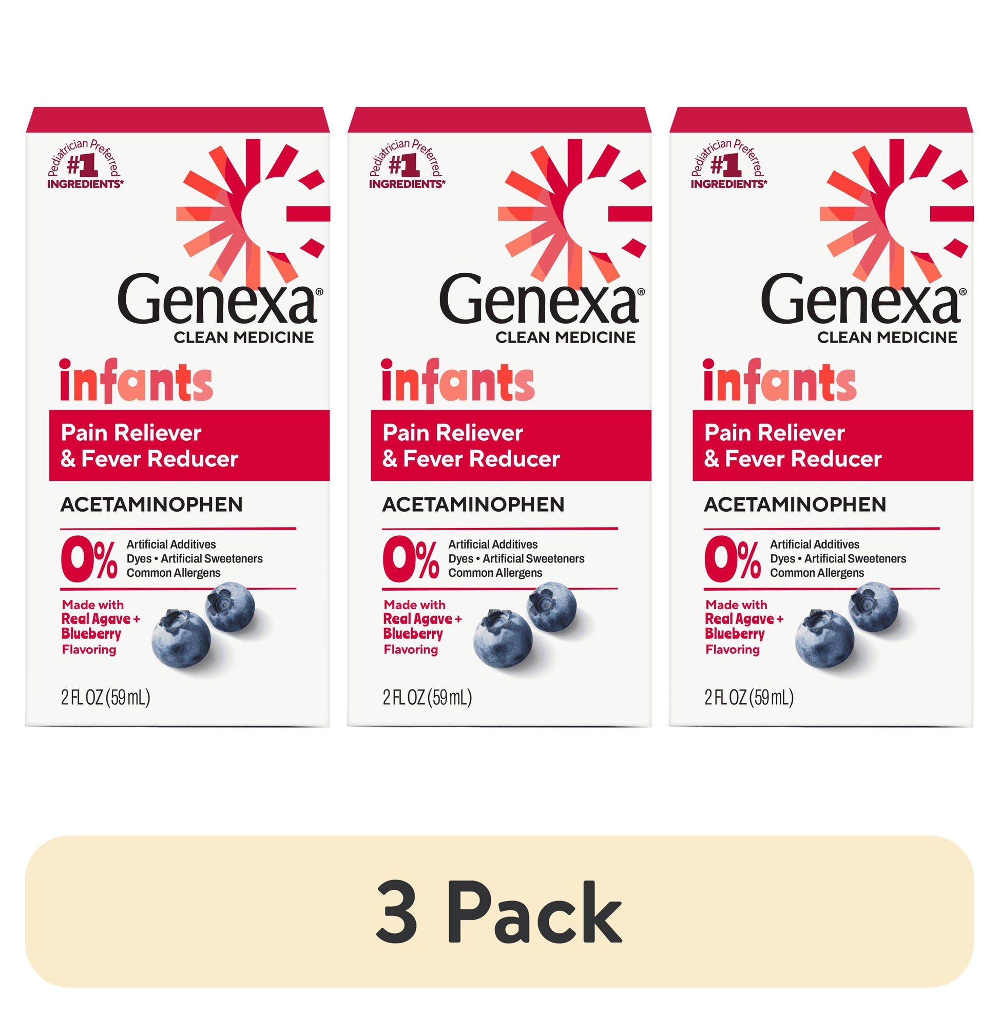(3 pack) Genexa AcetaminofÃ©n Limpio para el Dolor y la Fiebre de BebÃ©s, sin Colorantes, ArÃ¡ndano Azul OrgÃ¡nico, 2 fl oz