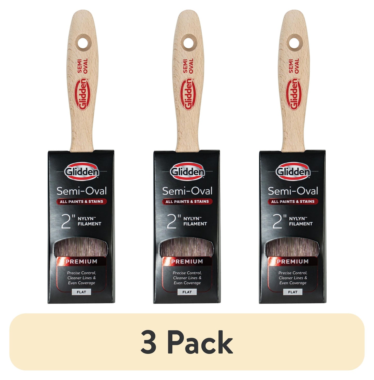 (3 pack) Glidden Semi-Oval Paint Brush with Wood Handle, Flat Sash, 2 Inch