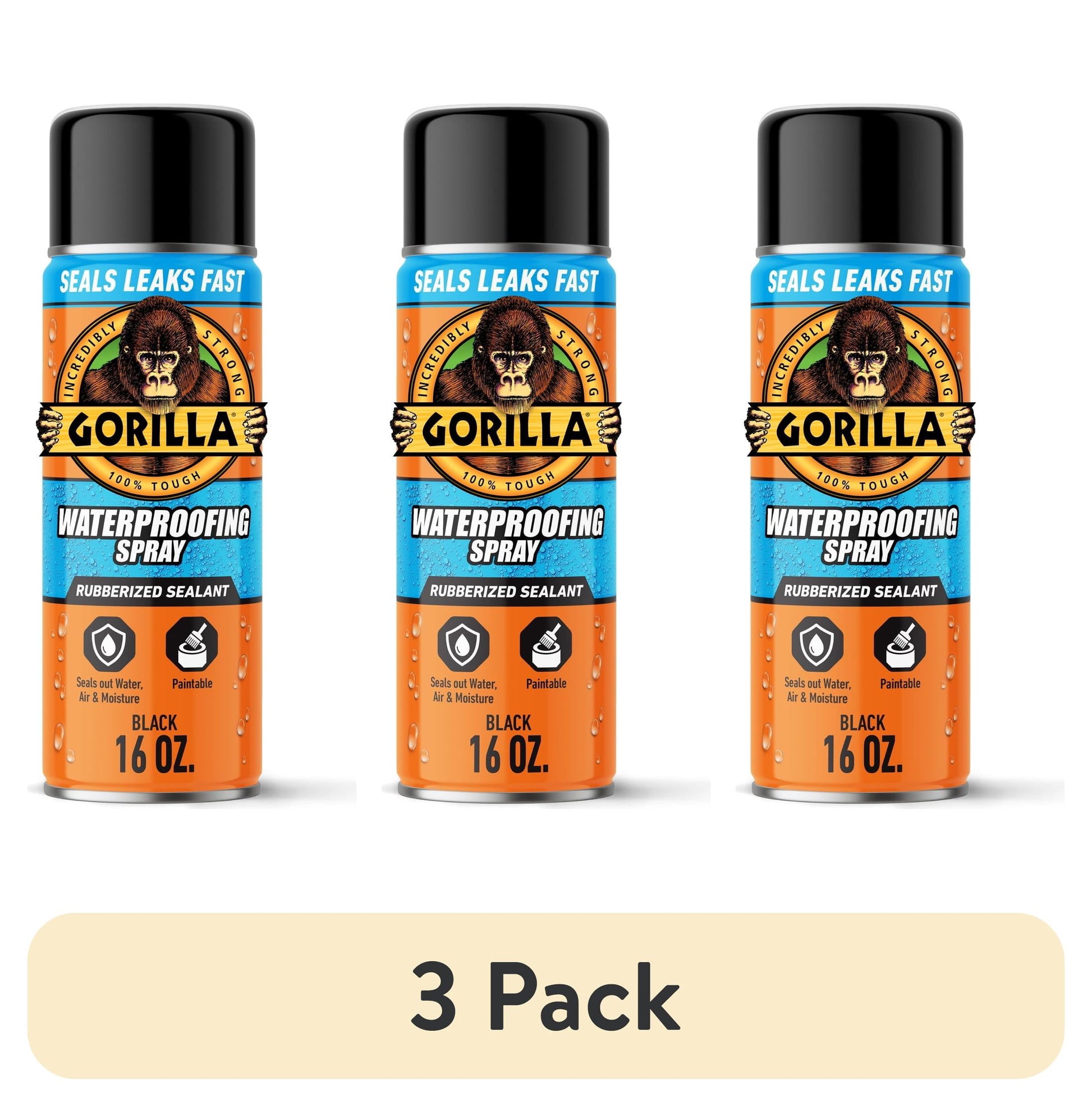 (3 pack) Gorilla Waterproof Patch & Seal Rubberized Sealant Spray, Black, 16 Ounce