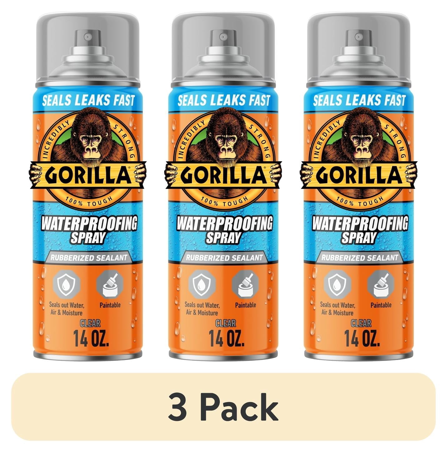 (3 pack) Gorilla Waterproof Patch & Seal Rubberized Sealant Spray, Crystal Clear, 14 Ounce