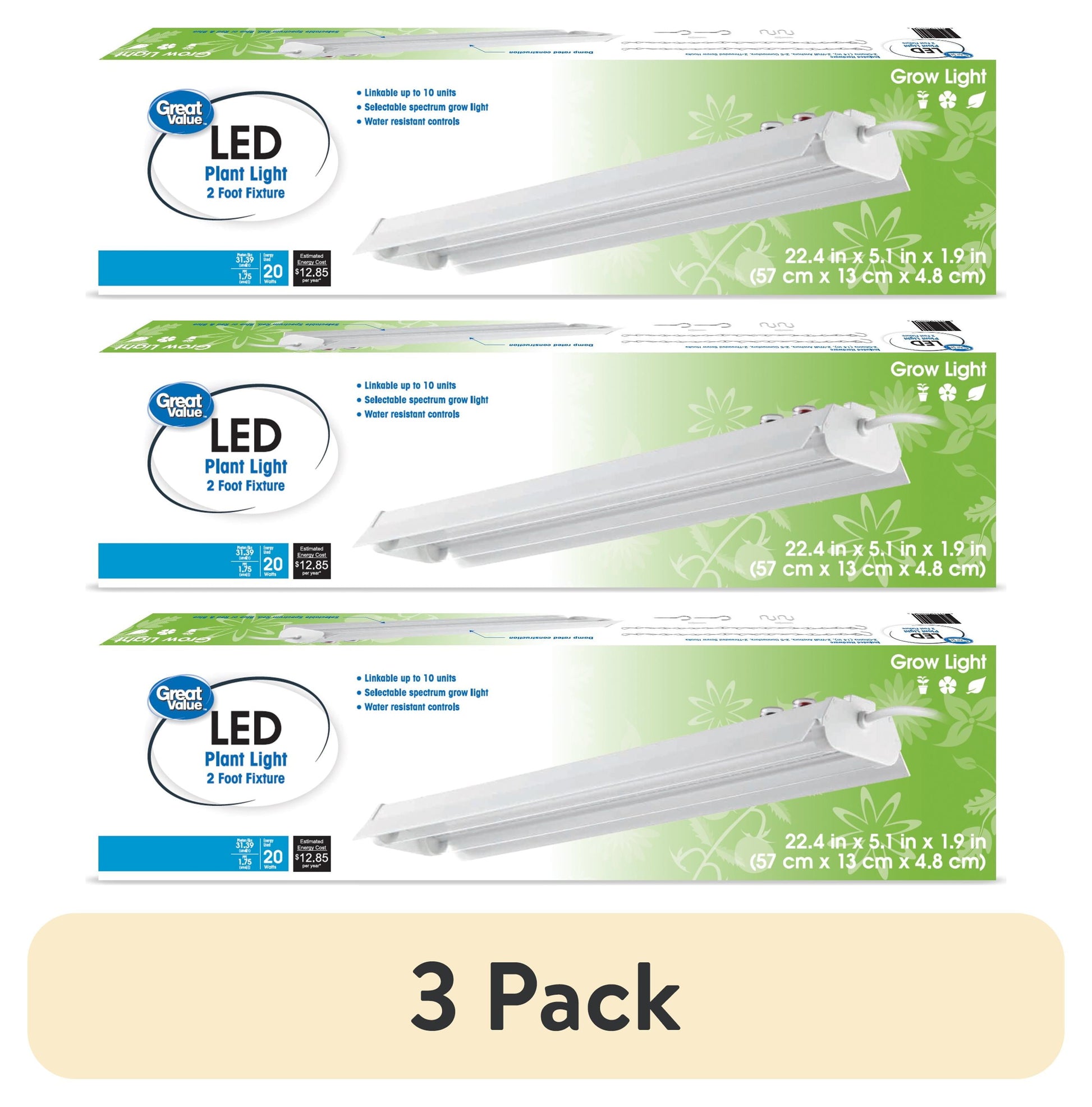 (3 pack) Great Value 2ft Selectable Spectrum LED Grow Light, 20W, Linkable