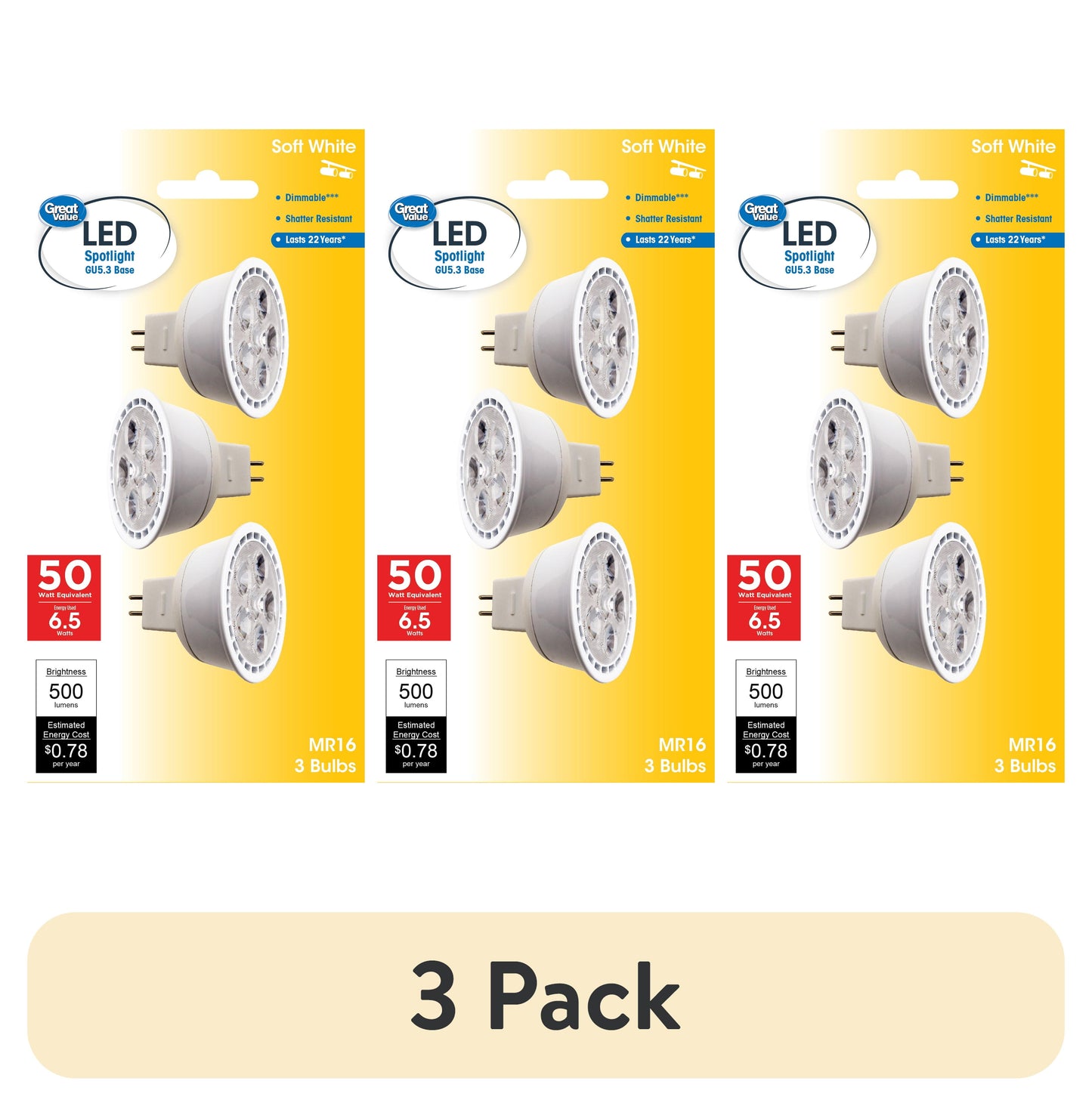 (1 Paquete) Bombilla LED Great Value, 7 Vatios (Equivalente a 50W) LÃ¡mpara MR16 Base GU5.3, Regulable, Blanco Suave, Paquete de 3