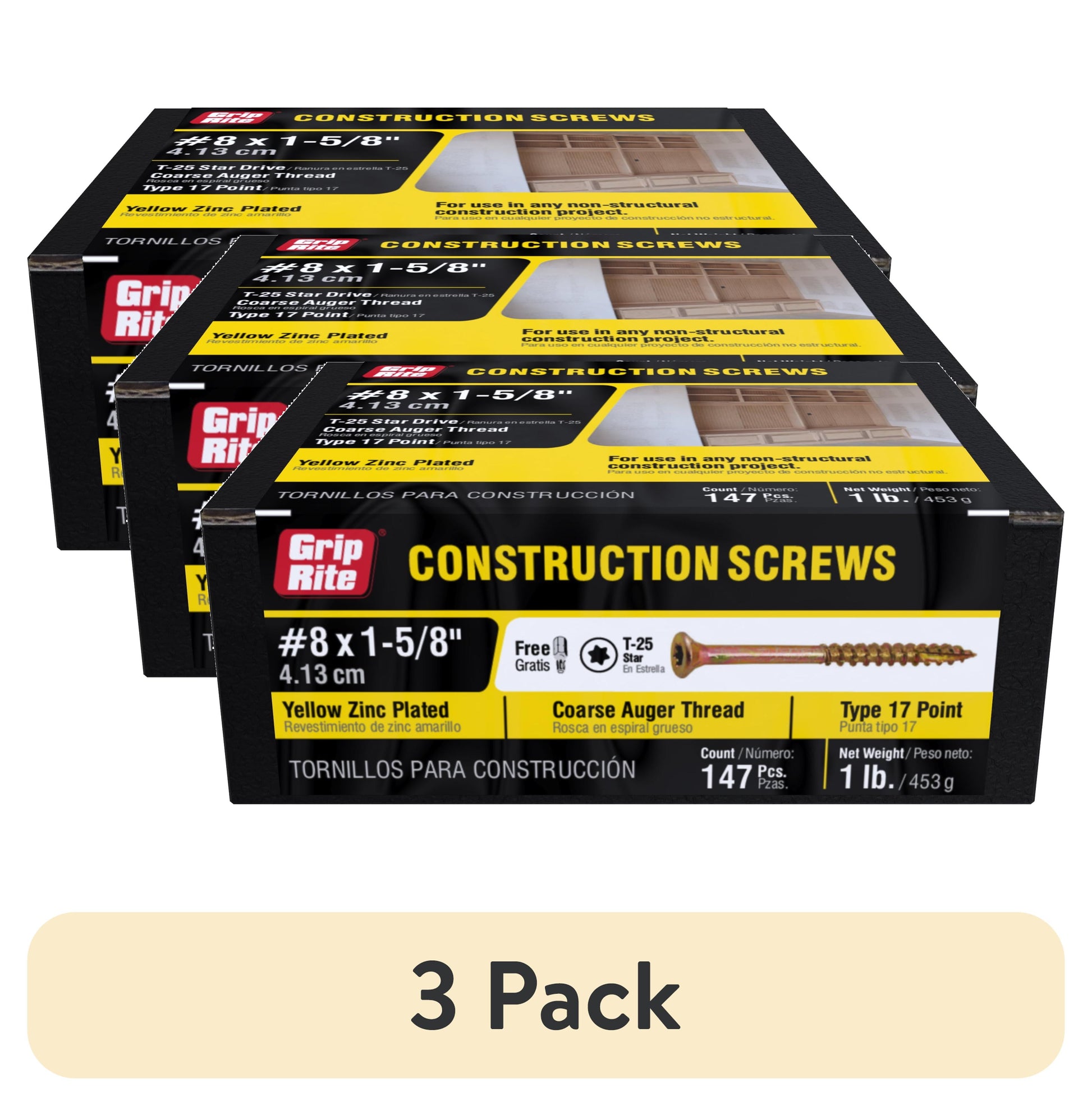 (3 pack) Grip-Rite #8 X 1-5/8 in. Star Drive Gold Construction Wood Screw 1 lb.