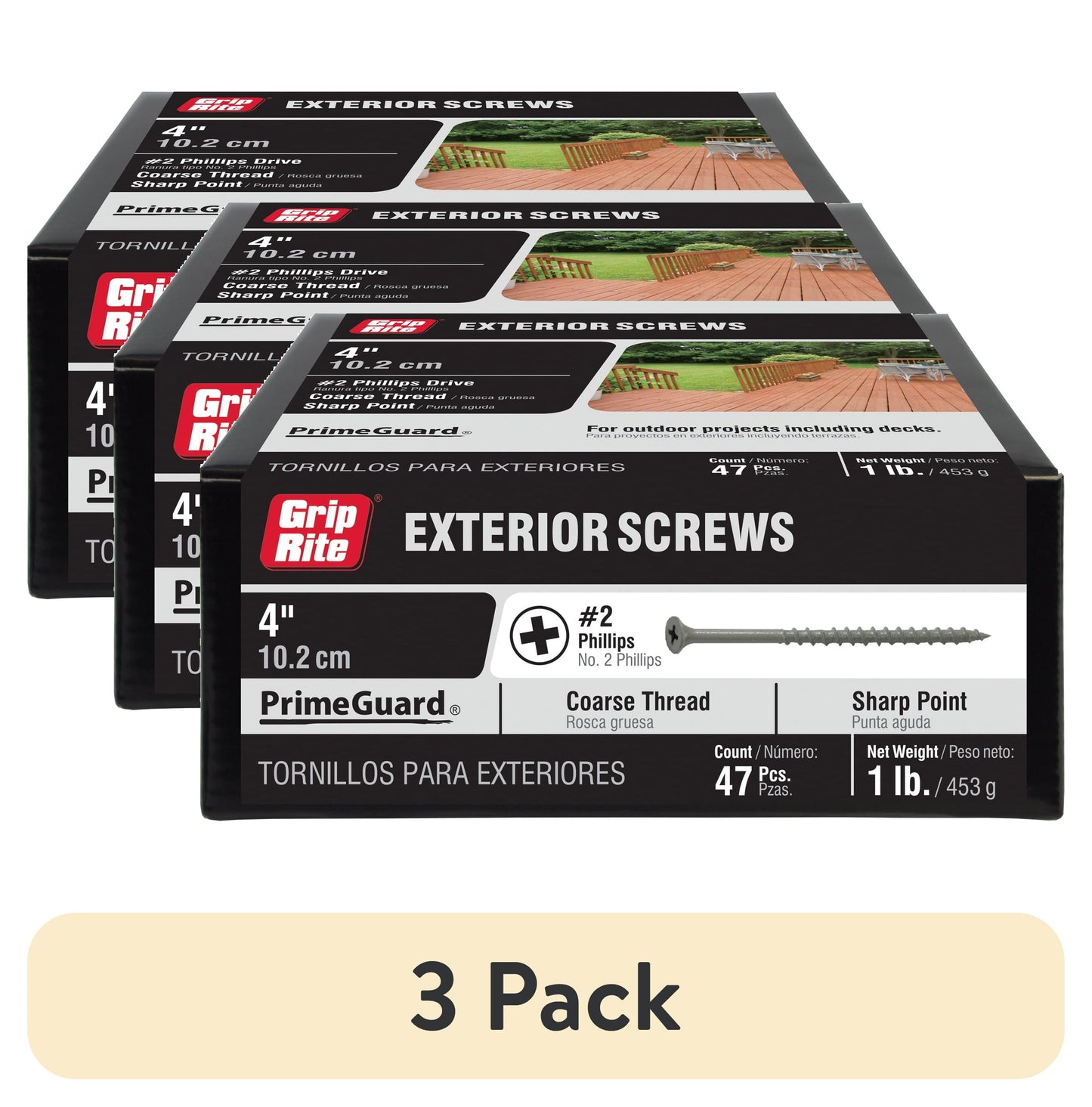 (3 pack) Grip-Rite PrimeGuard Ten #10 x 4-in Wood To Wood Deck Screw 1lb.