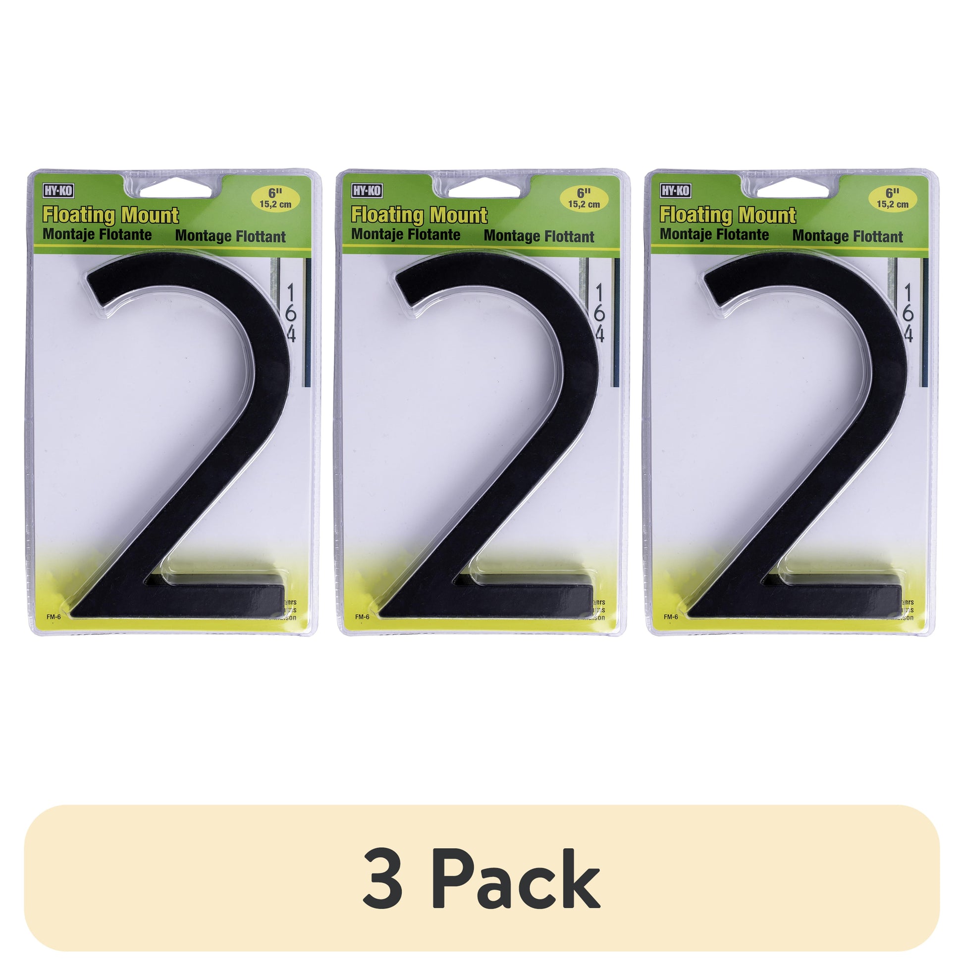(3 pack) HY-KO 6" Black Floating Mount House Number 2