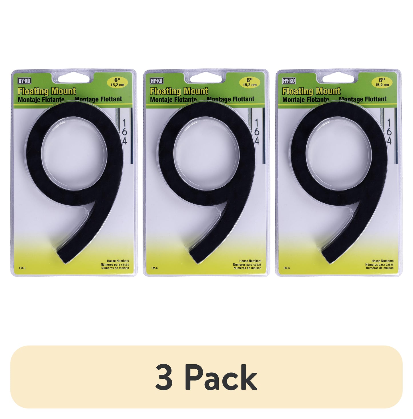 (3 pack) HY-KO 6" Black Floating Mount House Number 9