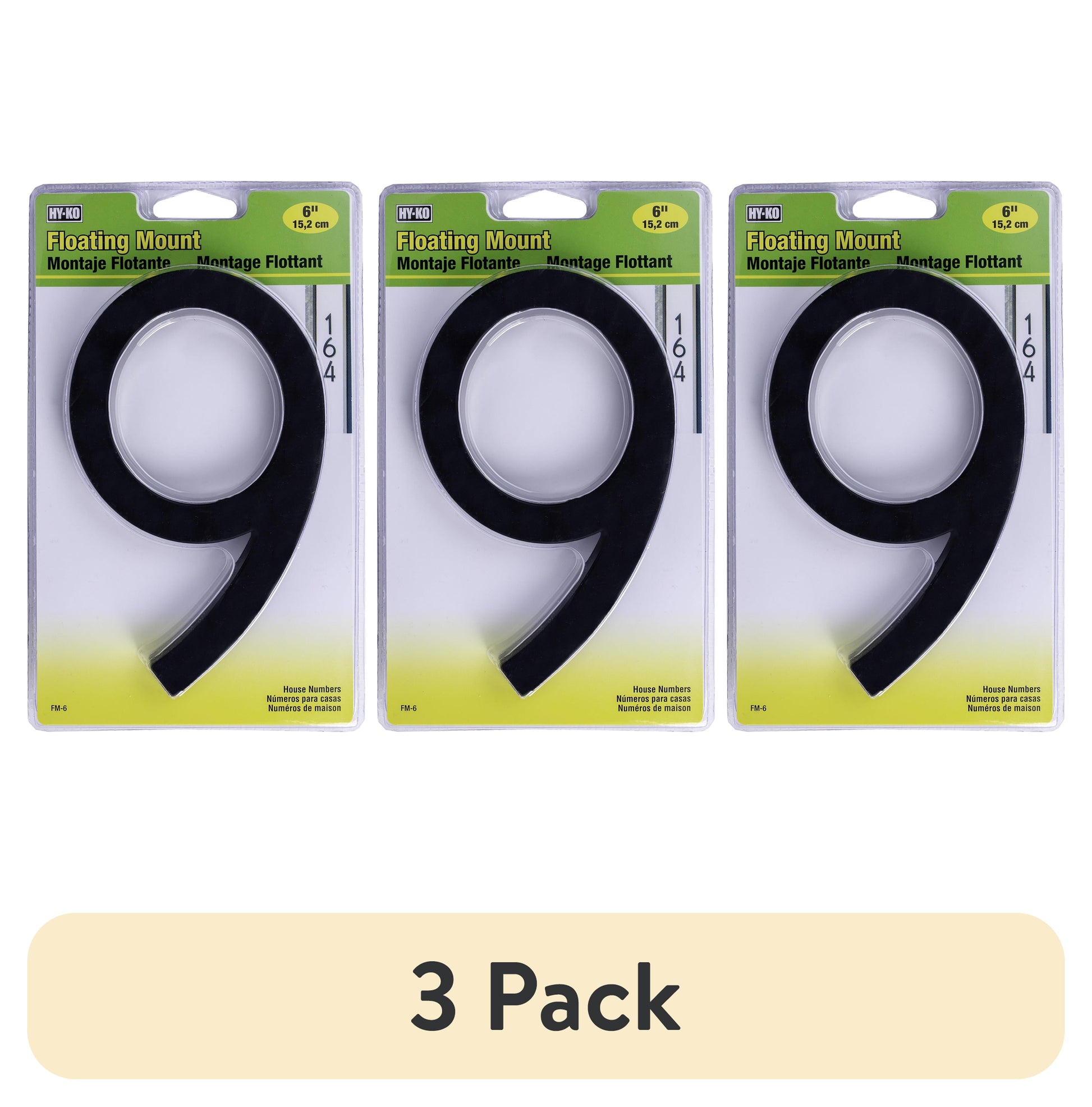 (3 pack) HY-KO 6" Black Floating Mount House Number 9