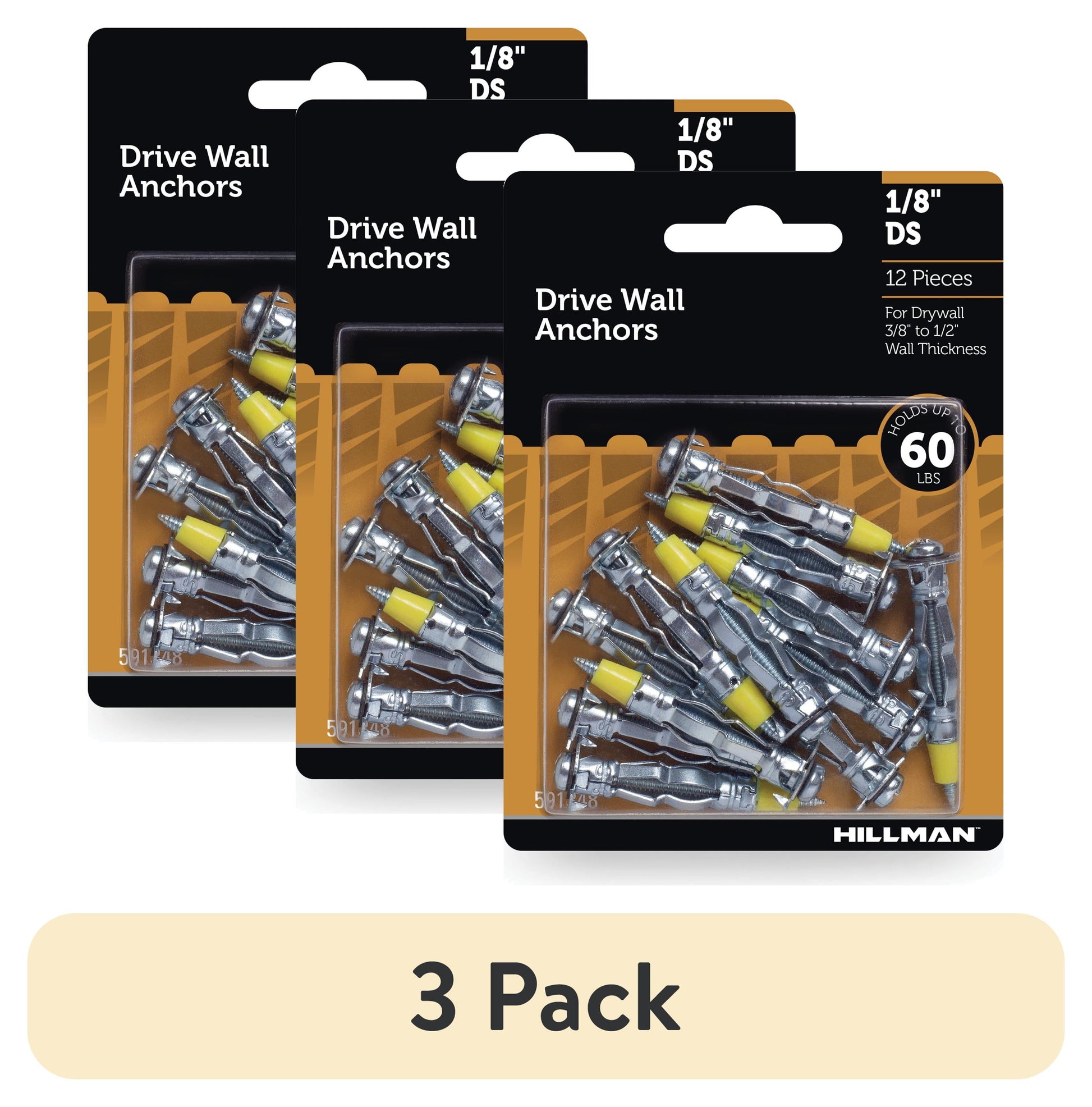 Hillman Drywall Anchor Screws, 1/8" x DS, Steel, Zinc, Corrosion Resistant, 60 lbs, Silver, 12 sets