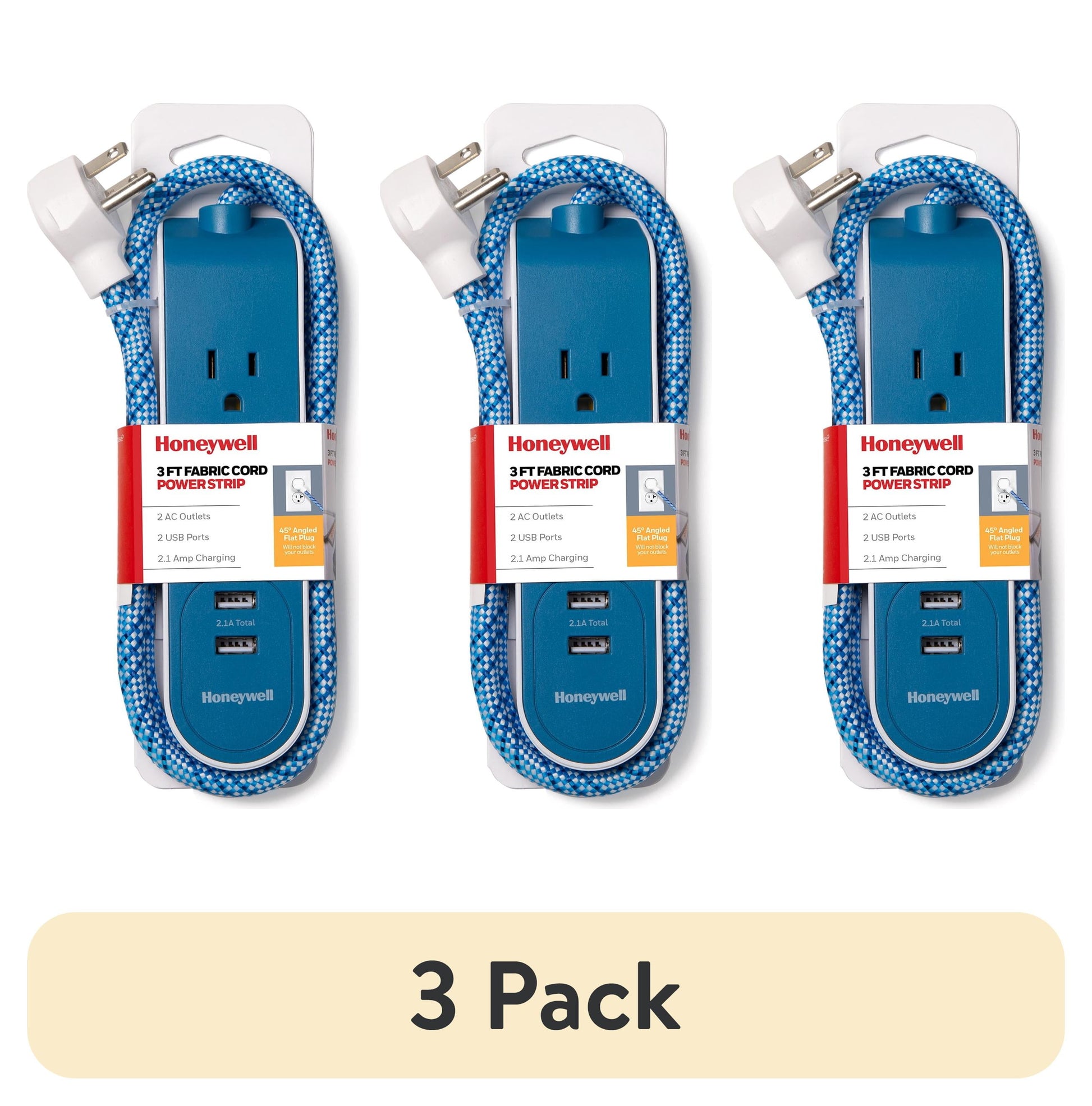(3 pack) Honeywell 3 ft. Fabric Power Strip with 2 AC & 2 USB Ports (2.1A), 45Â° Angled Flat Plug (Blue/White)