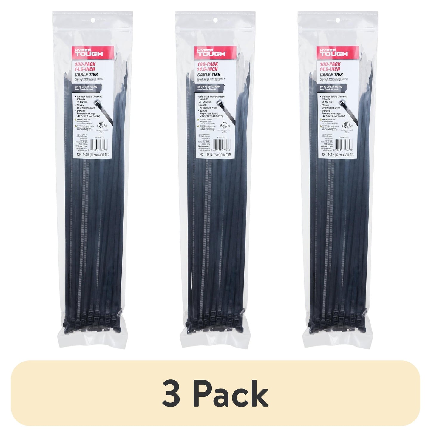 (3 pack) Hyper Tough 14.5 inch 75lb Cable Ties UV Resistant Black 100 Count