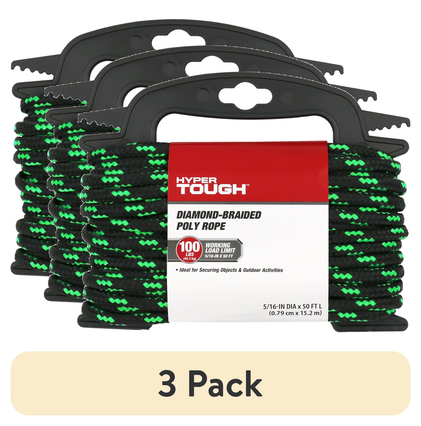 (2 pack) Hyper Tough 5/16â€ Diamond Braided Polypropylene Rope 50 feet, Black and Green