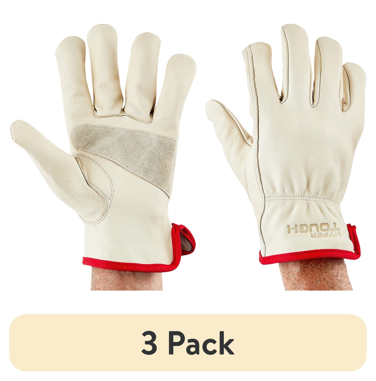 (3 pack) Hyper Tough Leather Work Gloves, Cowhide Leather, Beige, Large (HT1250L)