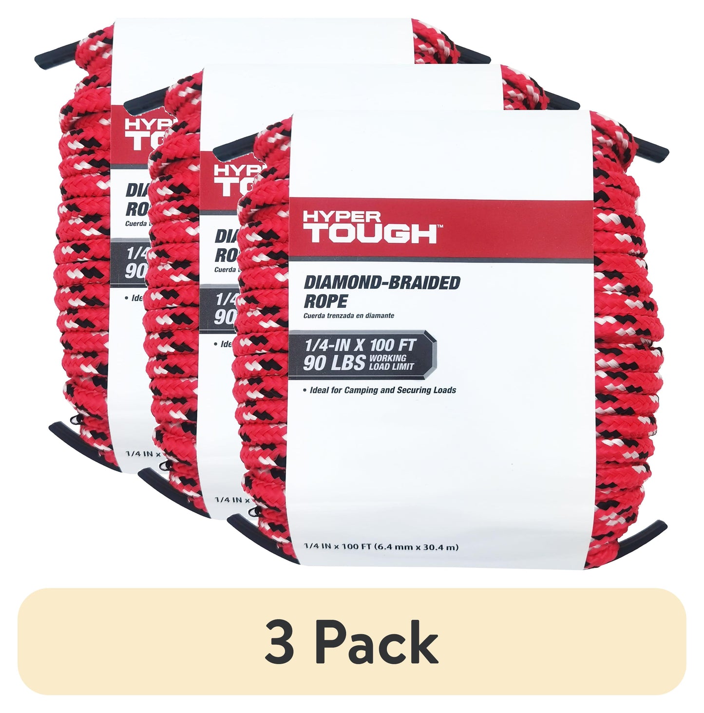 (3 pack) Hyper Tough Polypropylene, Diamond Braided Rope, Red, 1/4 inch x 100 feet