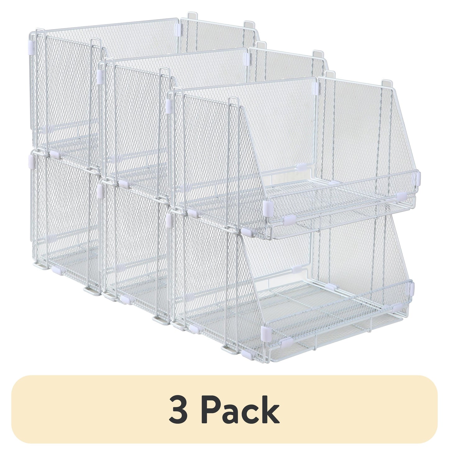 (3 pack) Mainstays Folding Stackable Storage Baskets, Collapsible Plastic Organizer Bins with Clip Handles, 2 Pack, White