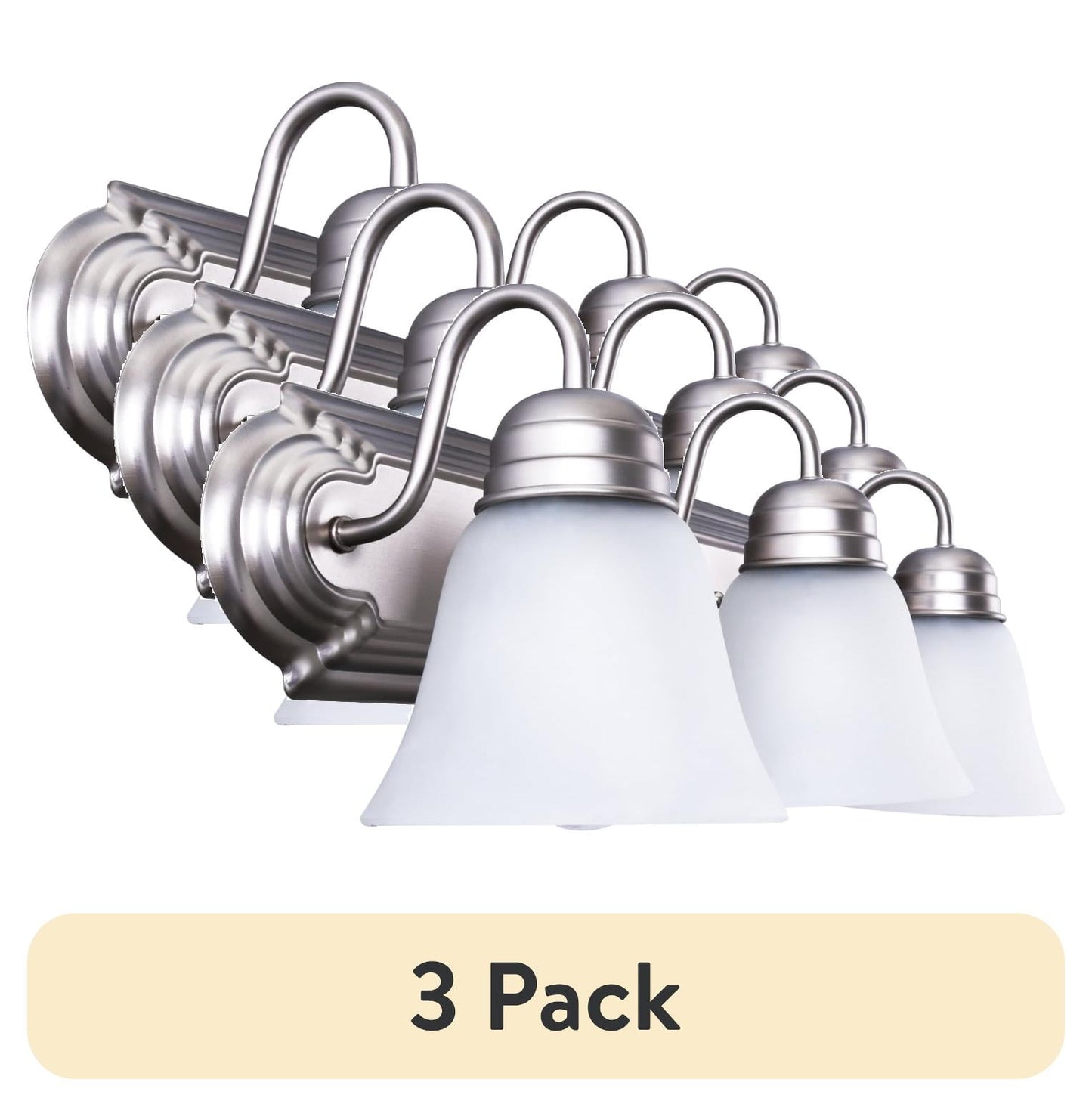 (3 pack) Mainstays 20" Traditional 3-Head Vanity Lights, Glass Shades, Satin Nickel A19 Bulbs Not Included