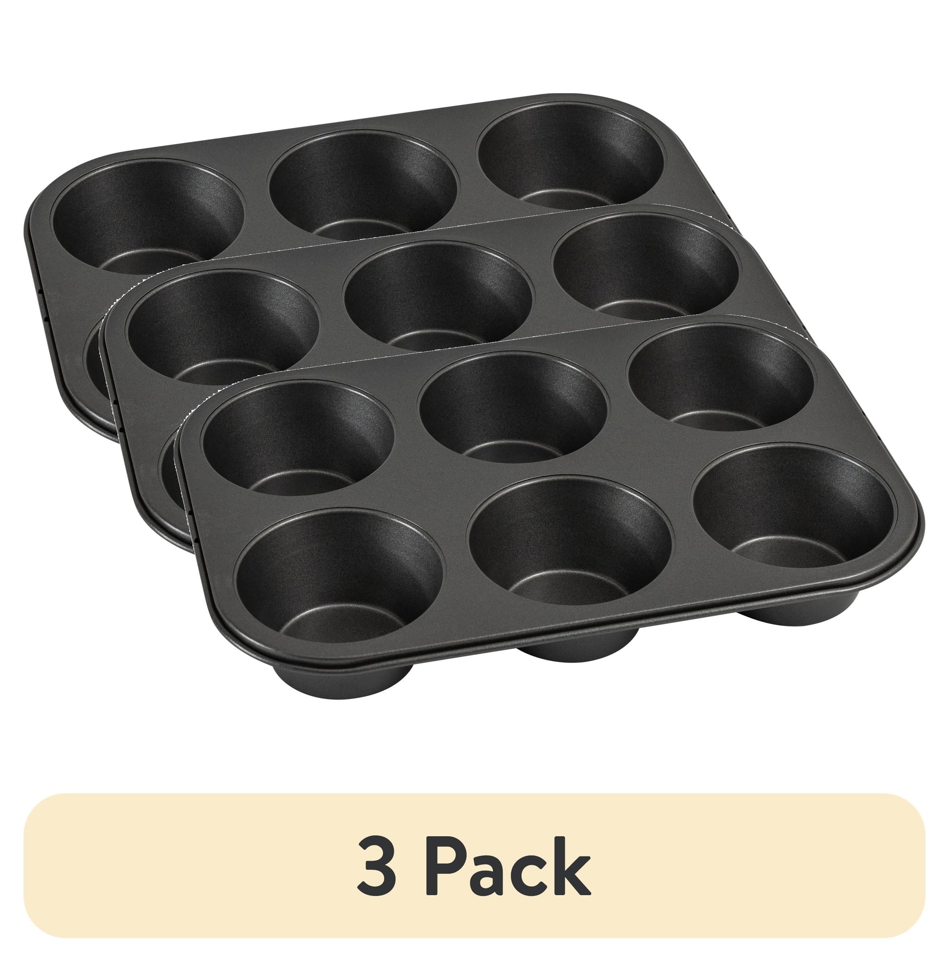 (3 pack) Mainstays 6 Cup Jumbo Muffin Pan, Non-Stick Bakeware,3.4 inch Diameter Cups,Gray,Carbon Steel