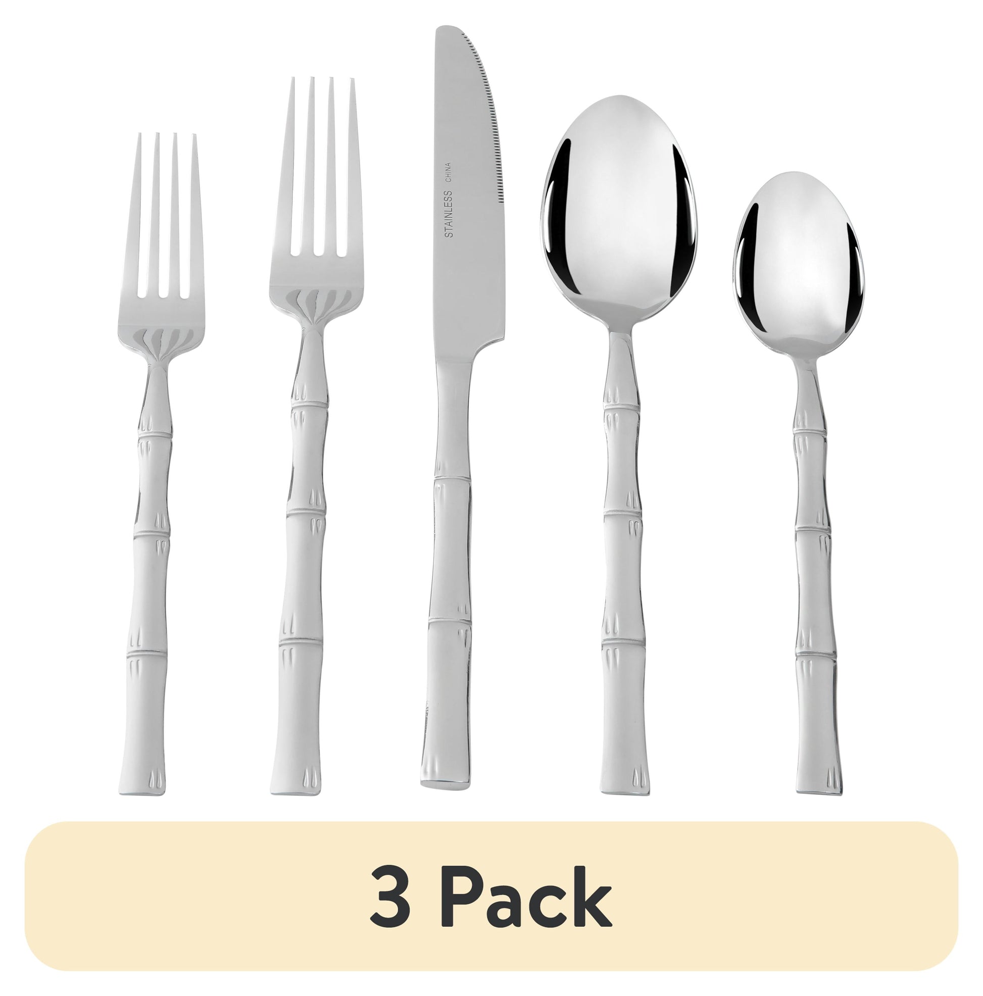 (3 pack) Mainstays Bamboo Design Stainless Steel Flatware Set, 20 Pieces, Service for 4 Adults