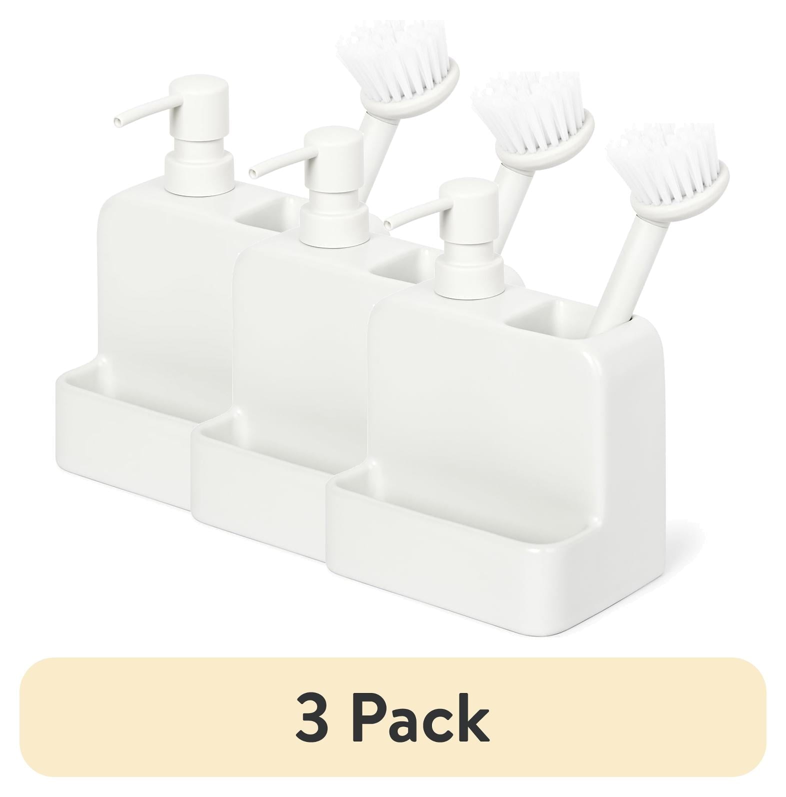 (3 pack) Mainstays Ceramic Liquid Soap Dispenser with Pump and Brush Holder, Kitchen Sink Dish Soap Dispenser Organizer for Sponge, Dish Brush and Cleaning Supplies, White