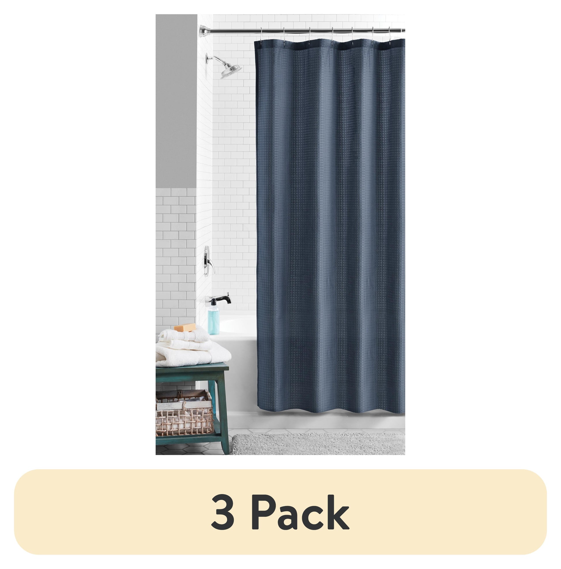 (3 pack) Mainstays Eco-Friendly Waffle-Weave Fabric Shower Curtain, Recycled Polyester, 72â€ x 72â€, Navy Blue