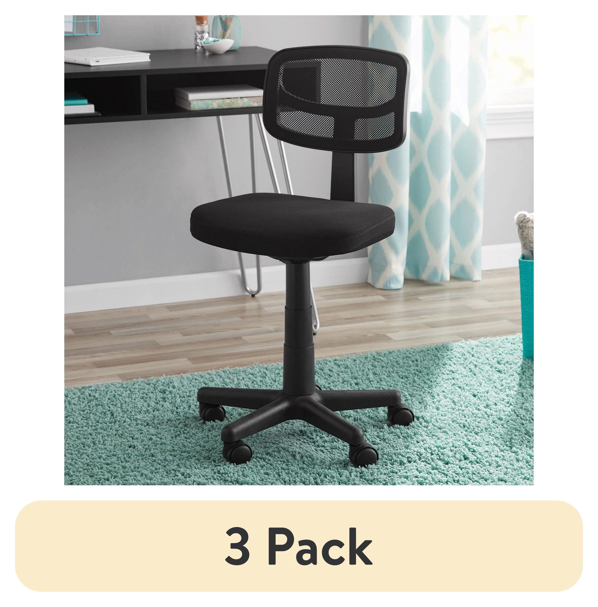 (3 pack) Mainstays Mesh Task Chair with Plush Padded Seat, Teens and Adult, Black/Black