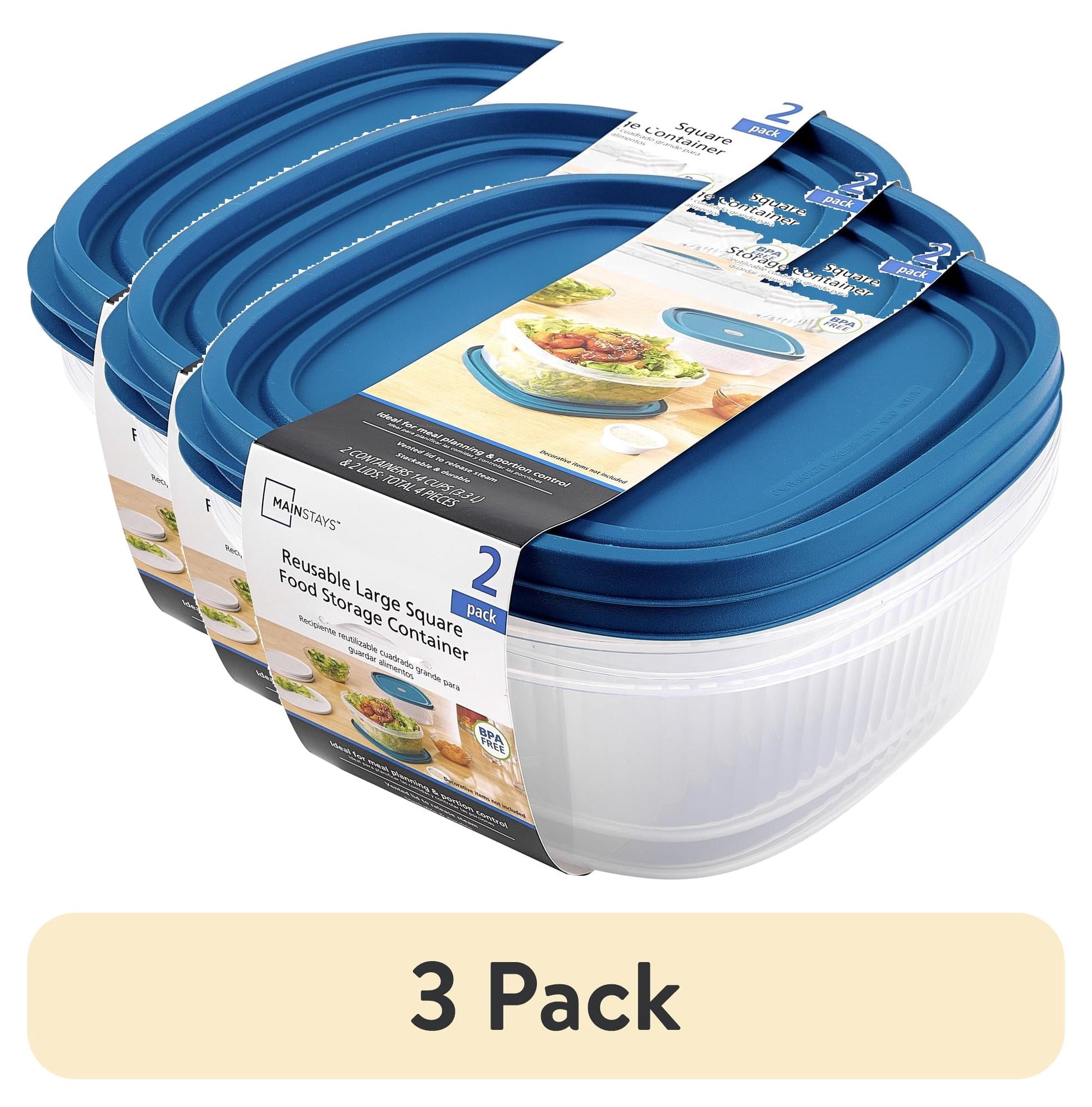 (2 pack) Mainstays Reusable Food Storage Container, Large Square, Plastic 3-Pack, 3 Containers with Lids, 14 Cups, Ideal for Snacks and Meal Prep