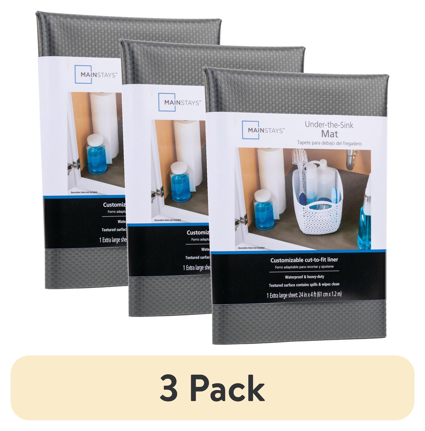 (3 pack) Mainstays Under-the-Sink Shelf Liner, Black, 24 in. x 4 ft. Roll
