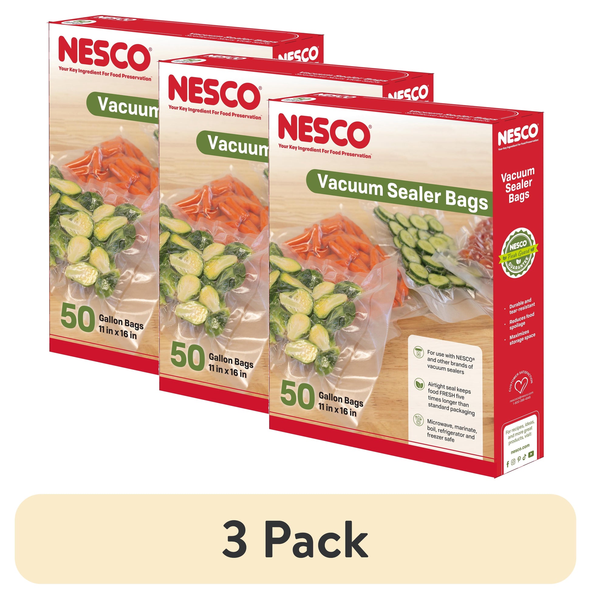 (3 pack) NESCO Gallon Vacuum Sealer Bags (11" x 16"), 50-Count BPA-Free Vacuum Seal Bags for Freezer Storage and Sous Vide, Works With Nesco and FoodSaver Vacuum Sealer Machines